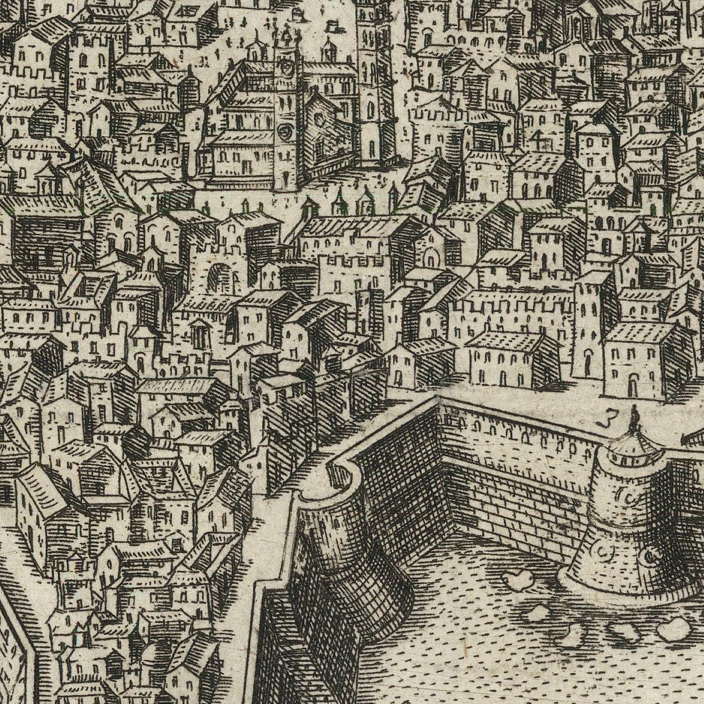 Vintage illustration of a cityscape with buildings and a moat