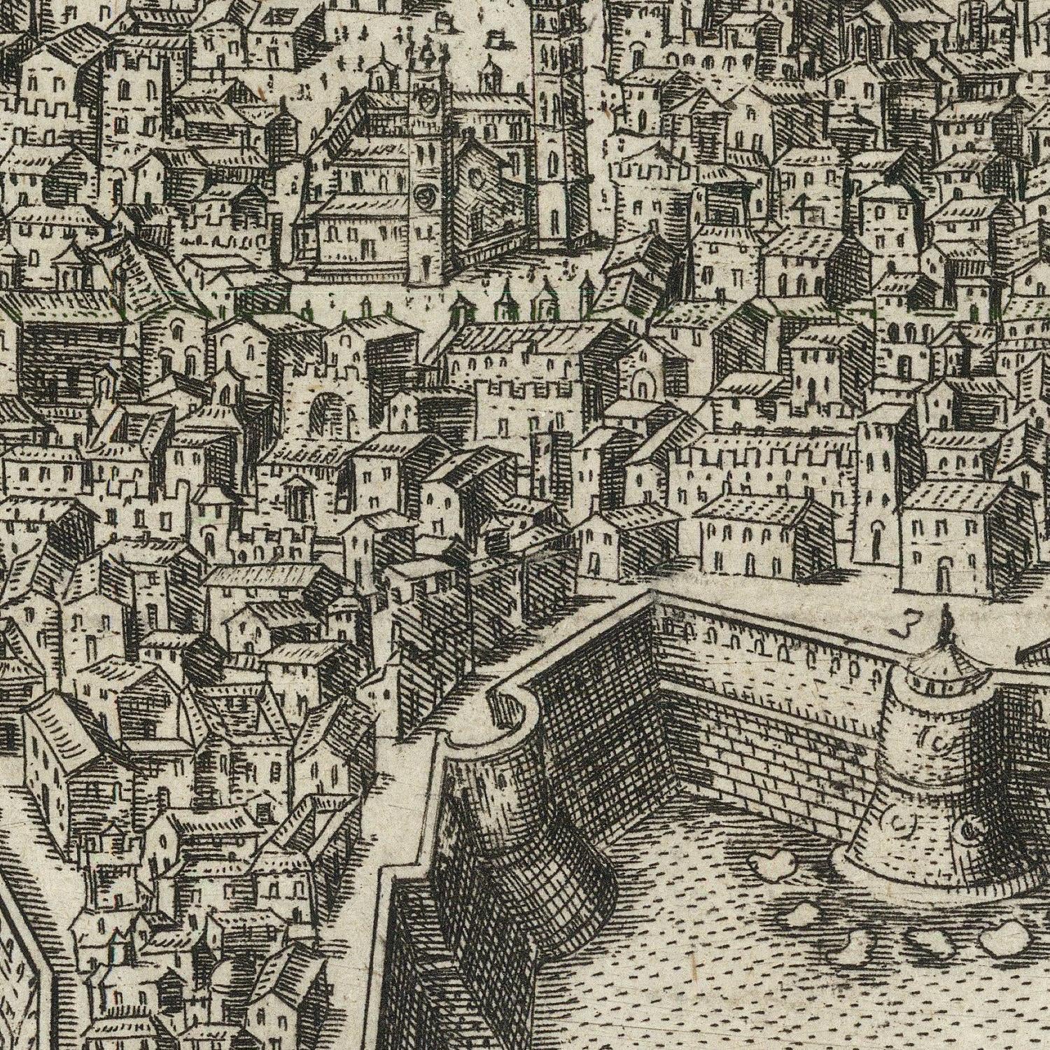 Vintage illustration of a cityscape with buildings and a moat