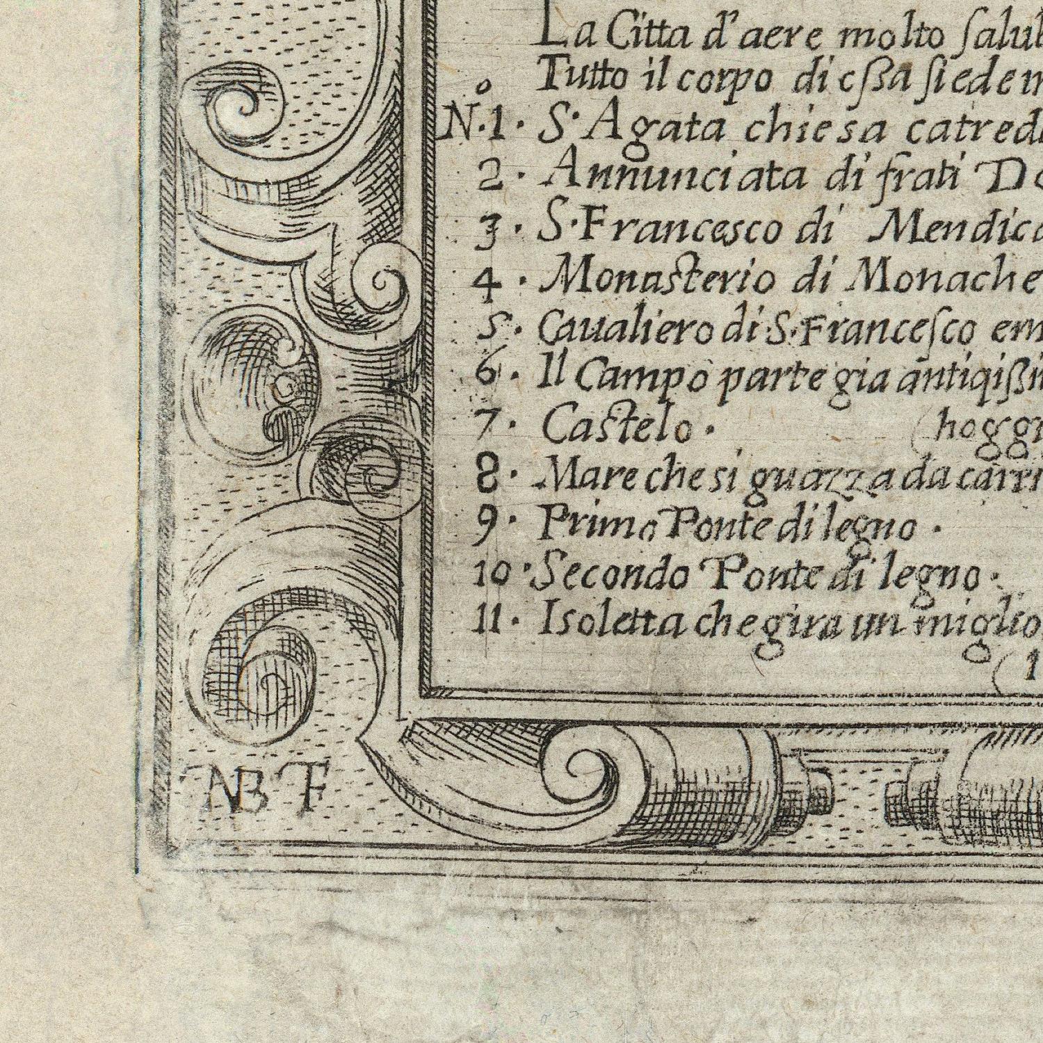 Decorative corner of a map with text and architectural elements on a beige background