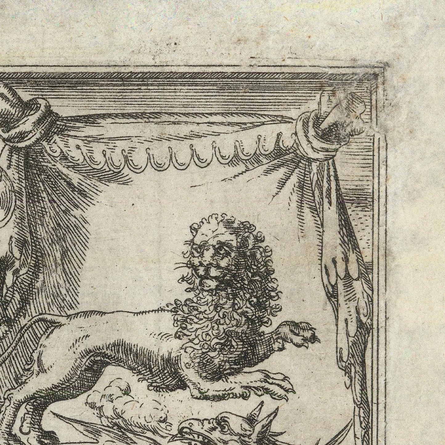 Decorative illustration of a lion with floral headpiece and draped fabric