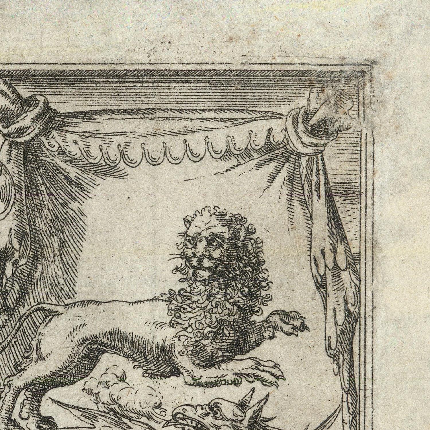 Decorative illustration of a lion with floral headpiece and draped fabric