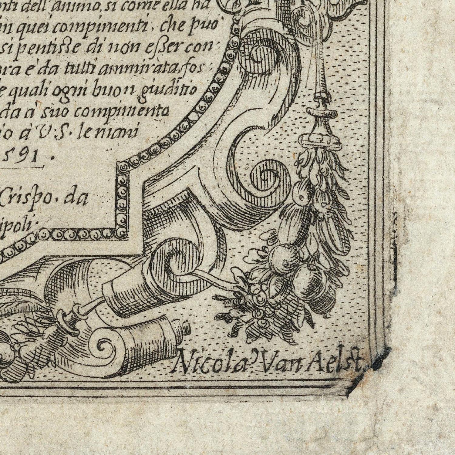 Decorative architectural detail with text and floral elements on a textured background