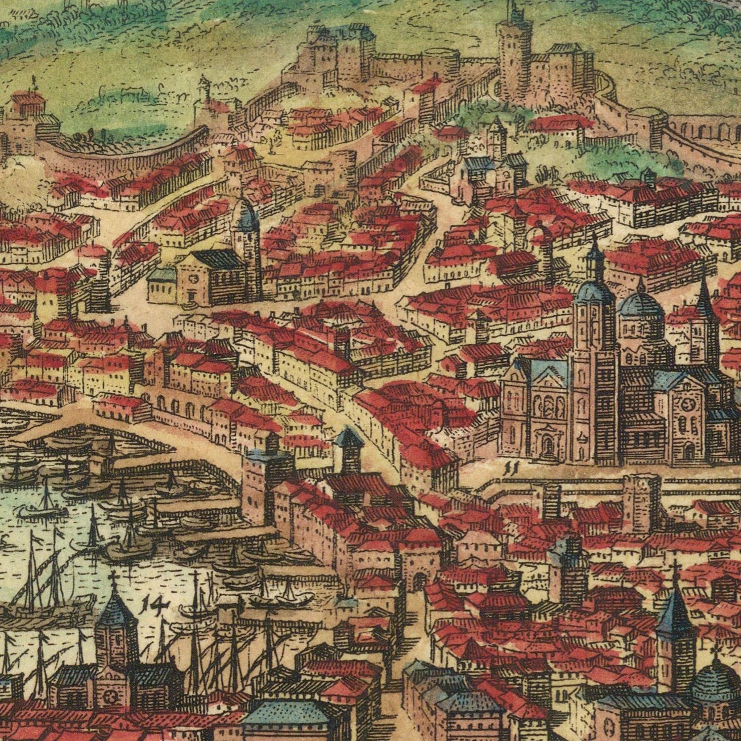 Vintage illustration of a city with red-roofed buildings and a harbor.