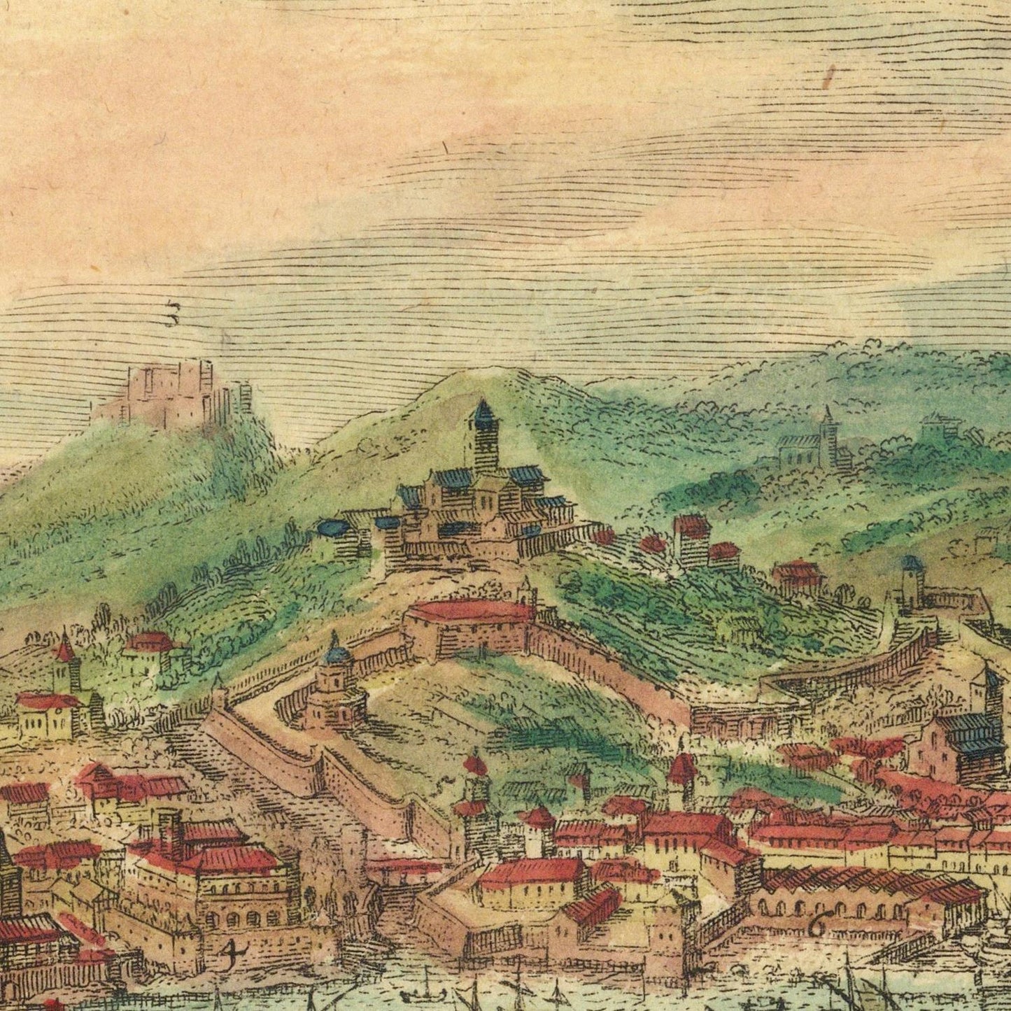 Vintage illustration of a fortified city with a prominent tower on a hill