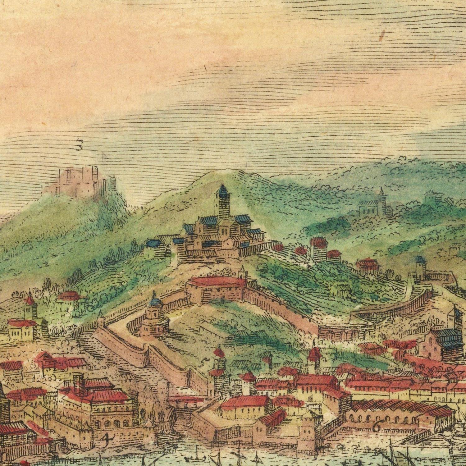 Vintage illustration of a fortified city with a prominent tower on a hill