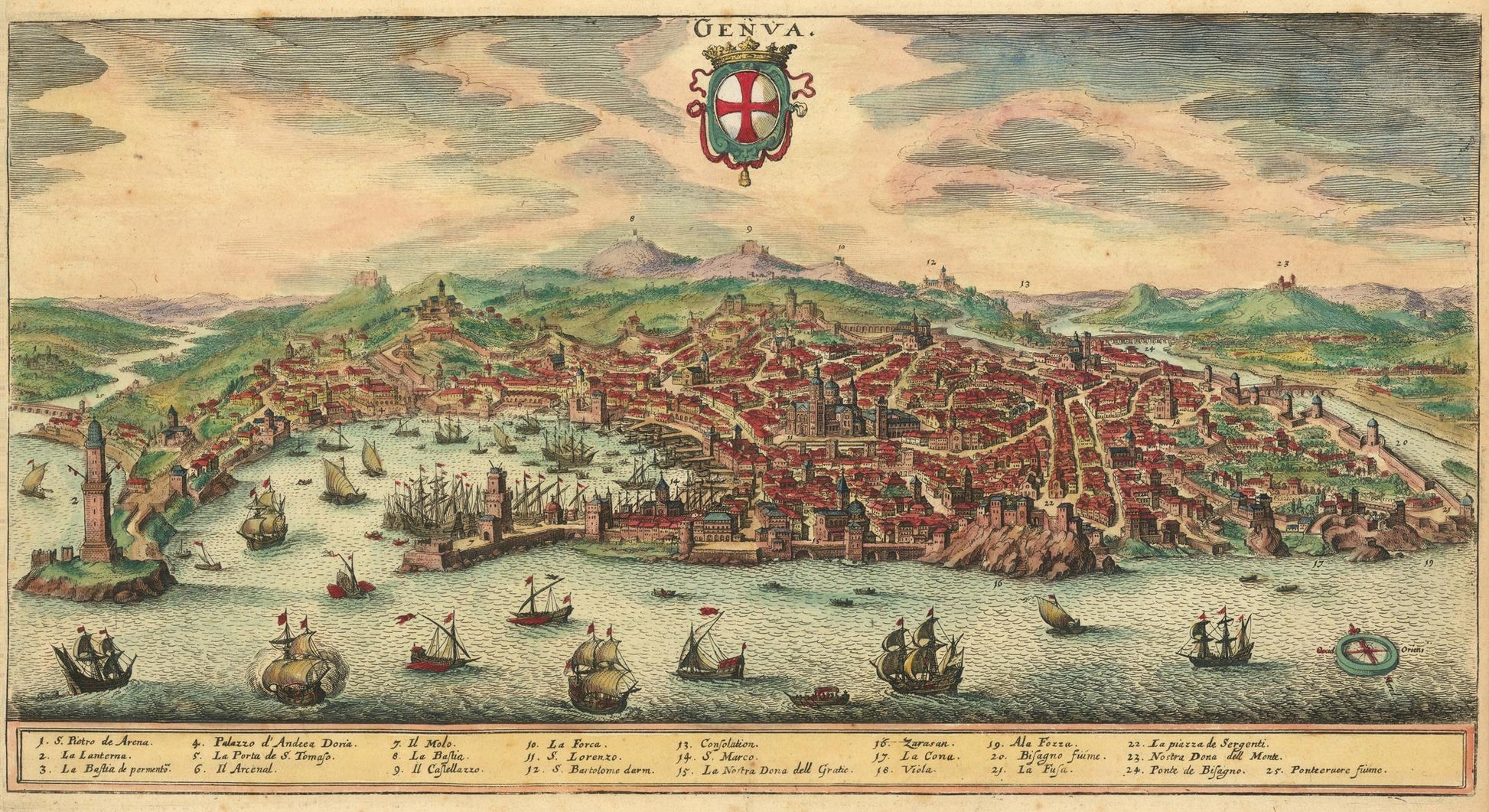 Vintage illustration of a city with ships in the harbor, featuring the coat of arms of Geneva.