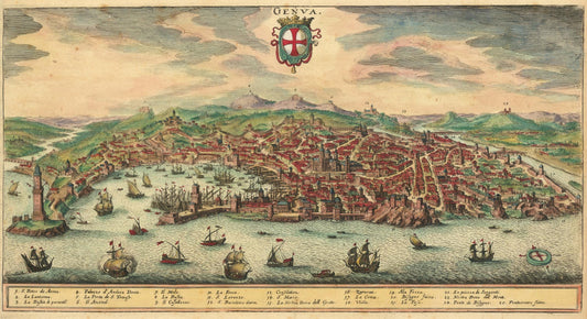 Vintage illustration of a city with ships in the harbor, featuring the coat of arms of Geneva.