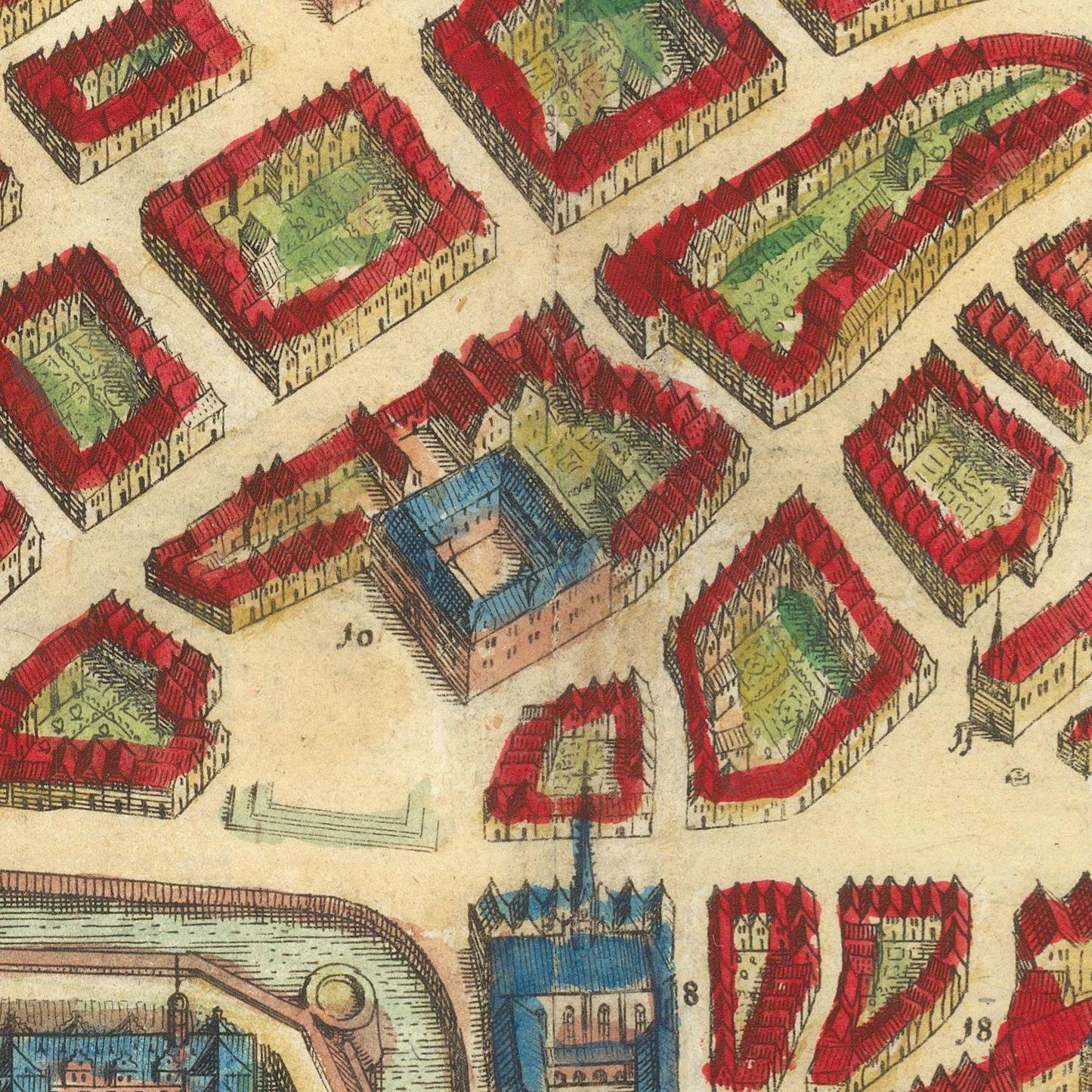 Vintage map with red-walled buildings and a central blue square
