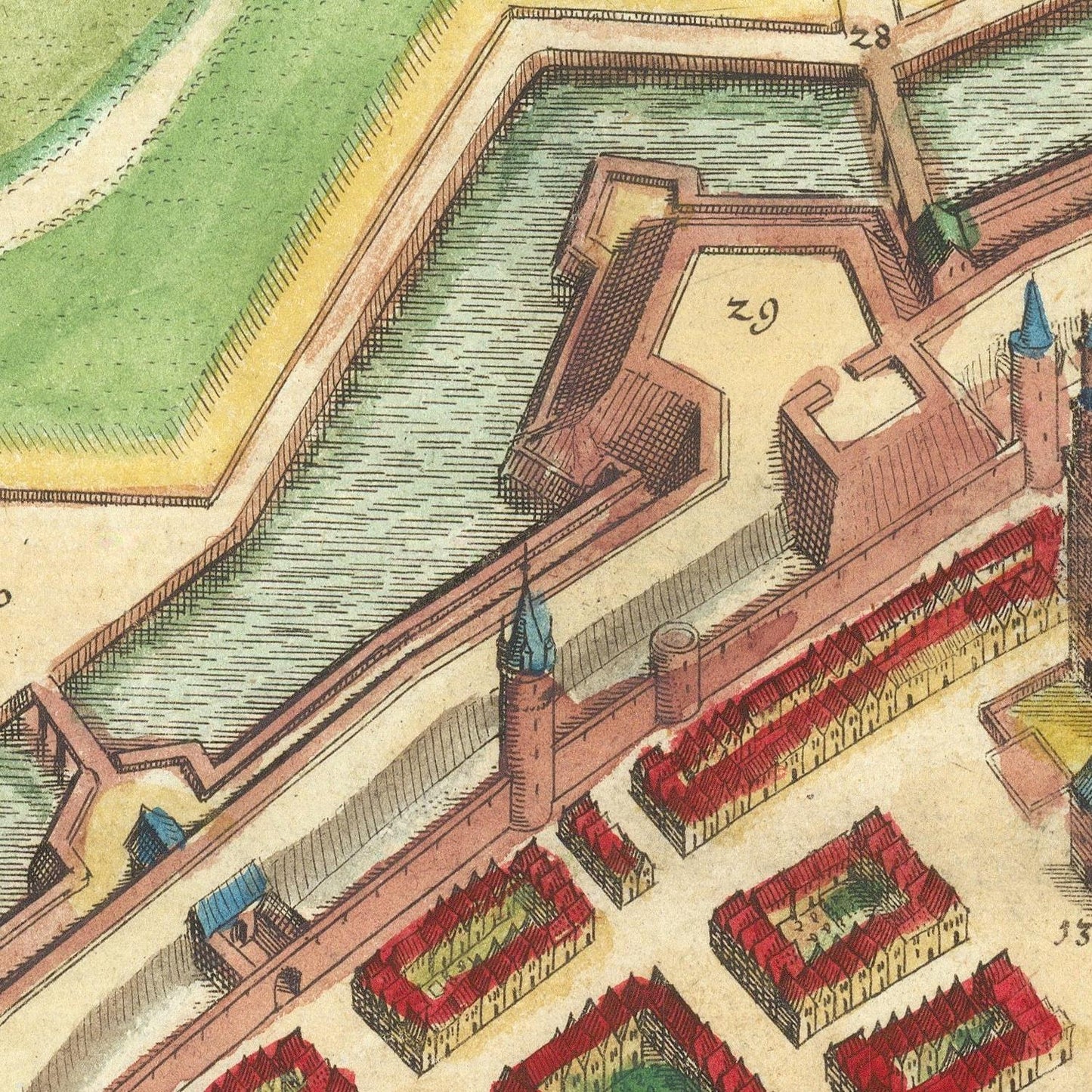 Colorful architectural drawing of a fortified structure with moat and garden beds.