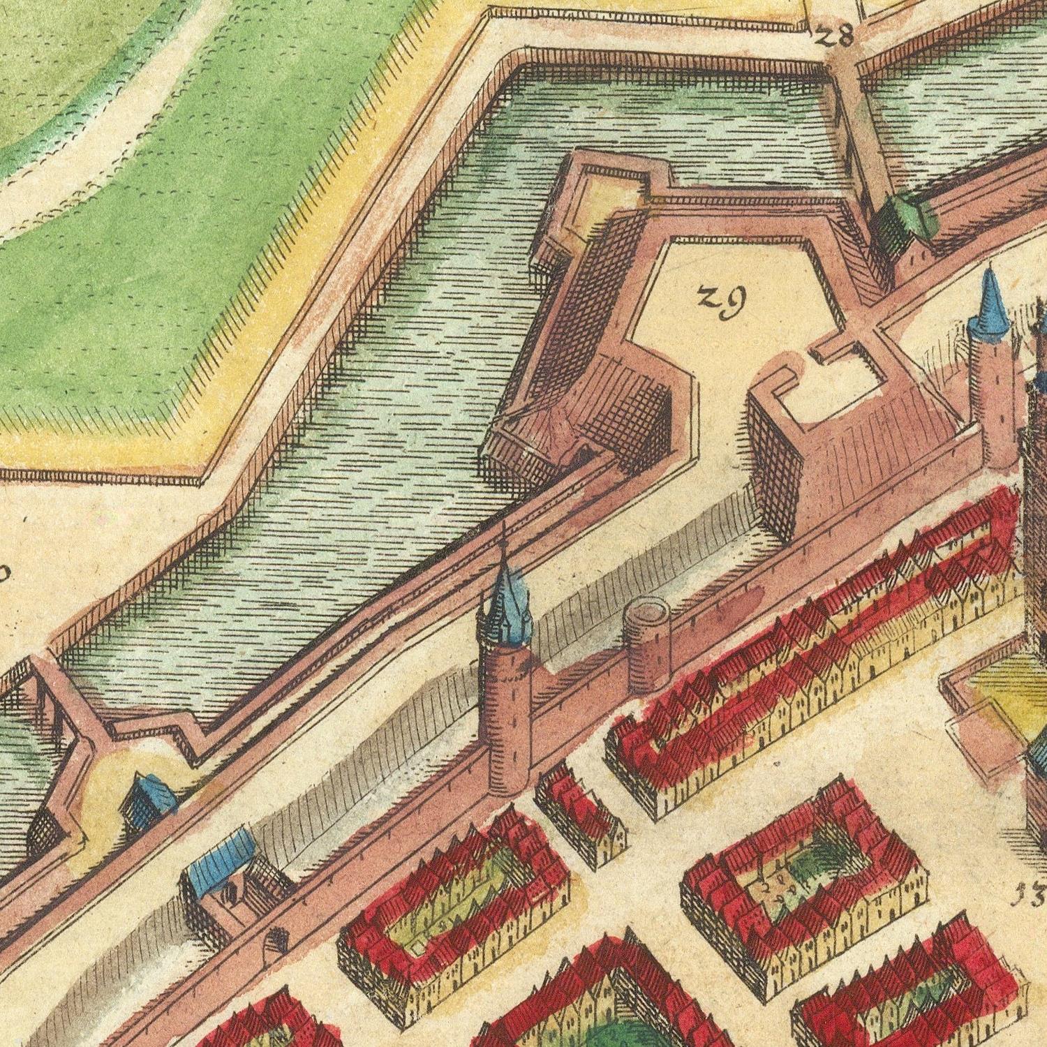 Colorful architectural drawing of a fortified structure with moat and garden beds.