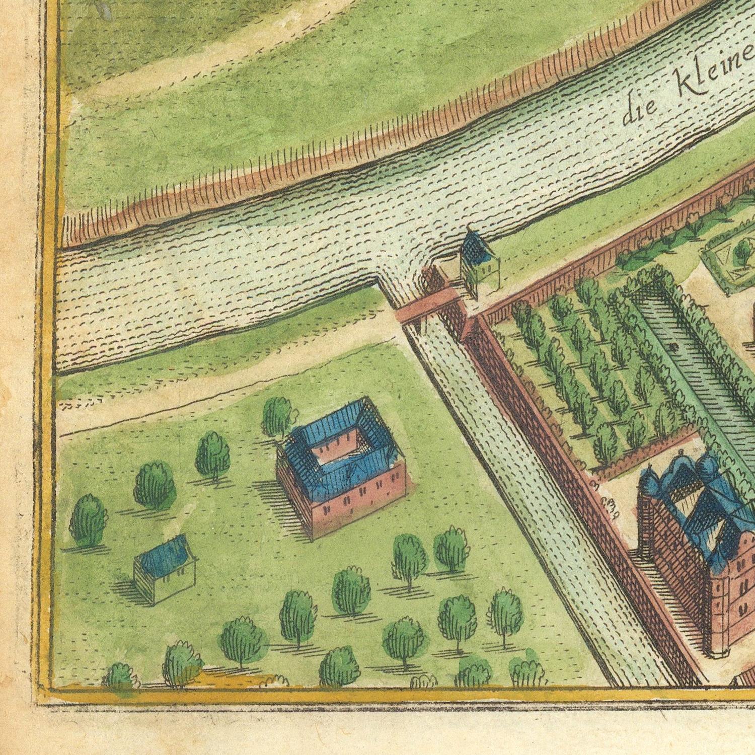 Vintage illustration of a canal and buildings with greenery