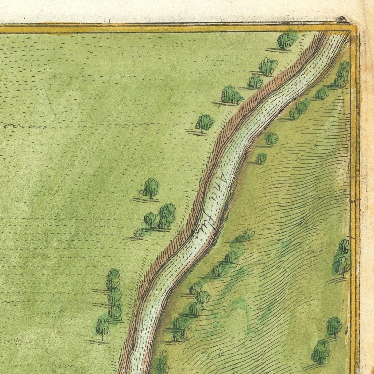 Vintage map or diagram of a landscape with a path and trees on a green background