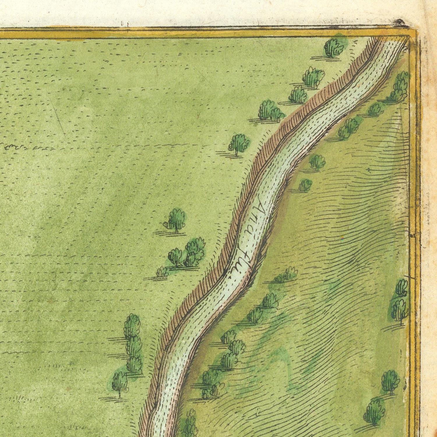 Vintage map or diagram of a landscape with a path and trees on a green background