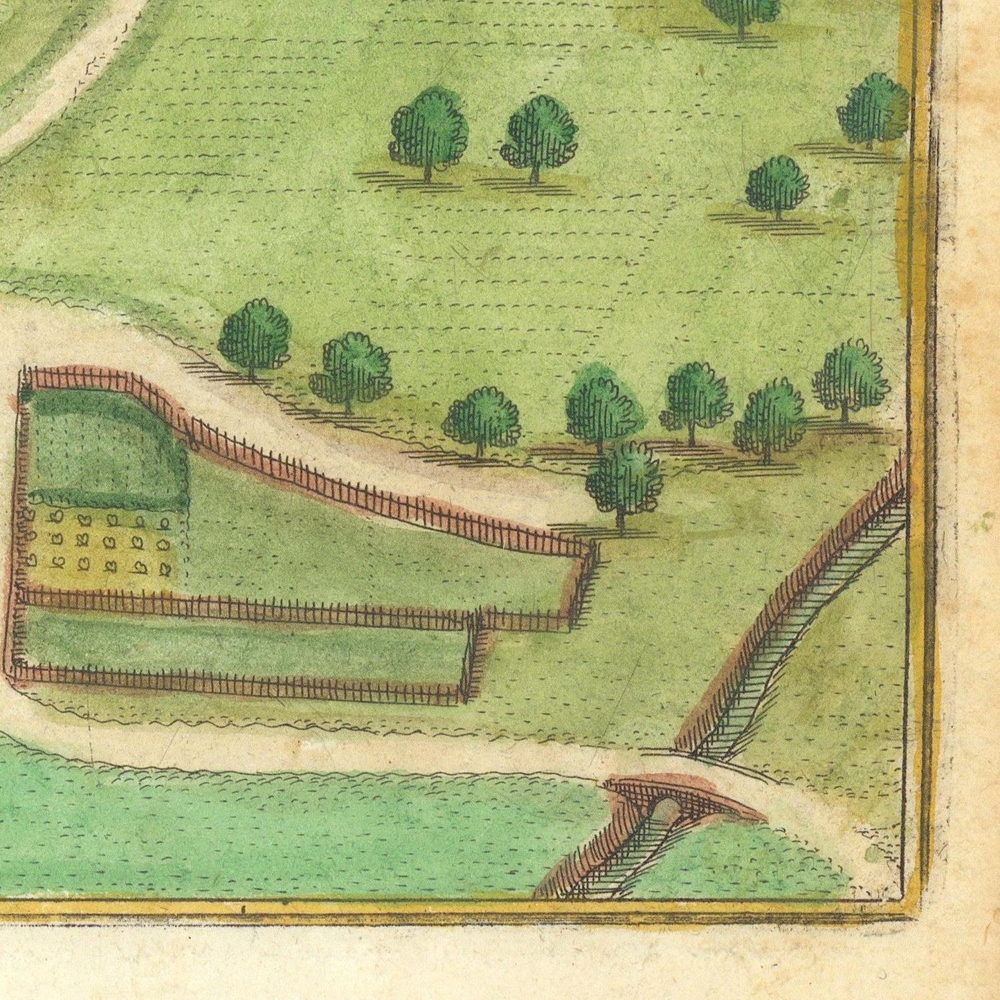 Vintage map or engraving of a landscape with trees and pathways