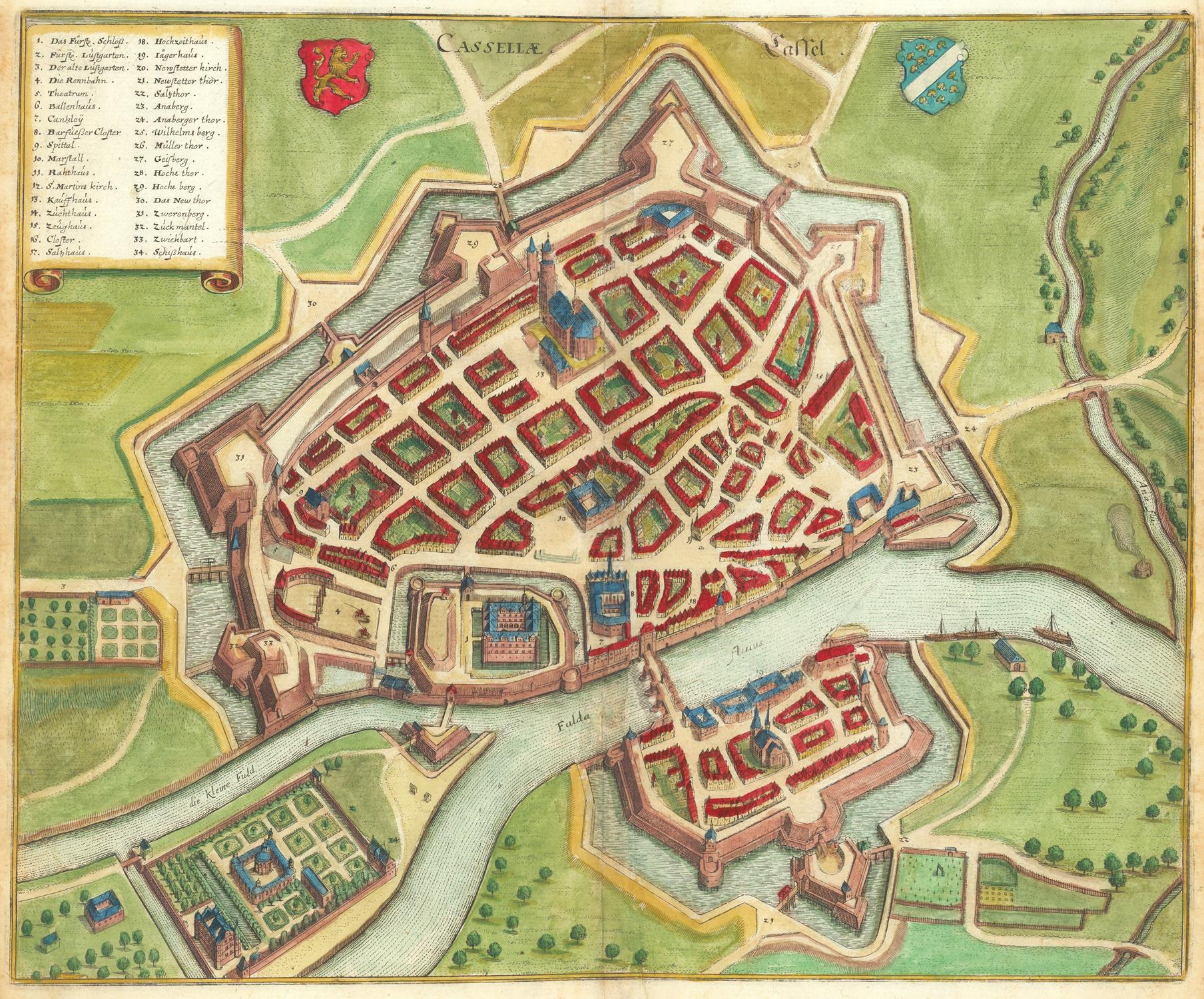 Vintage map of a fortified city with defensive walls and towers