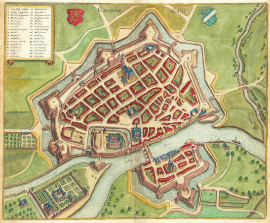 Vintage map of a fortified city with defensive walls and towers