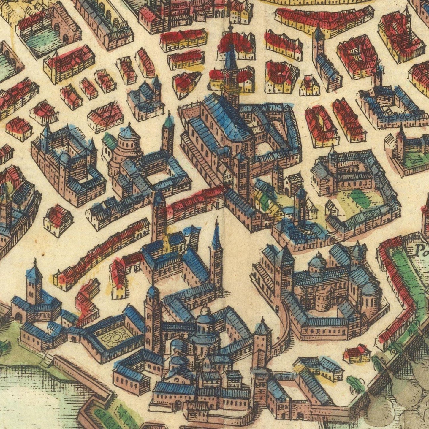 Detailed historical map of a city with various buildings and structures.