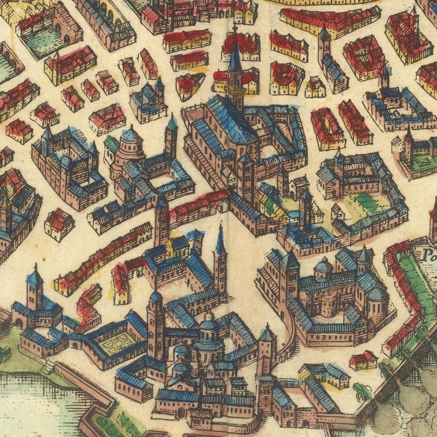 Detailed historical map of a city with various buildings and structures.