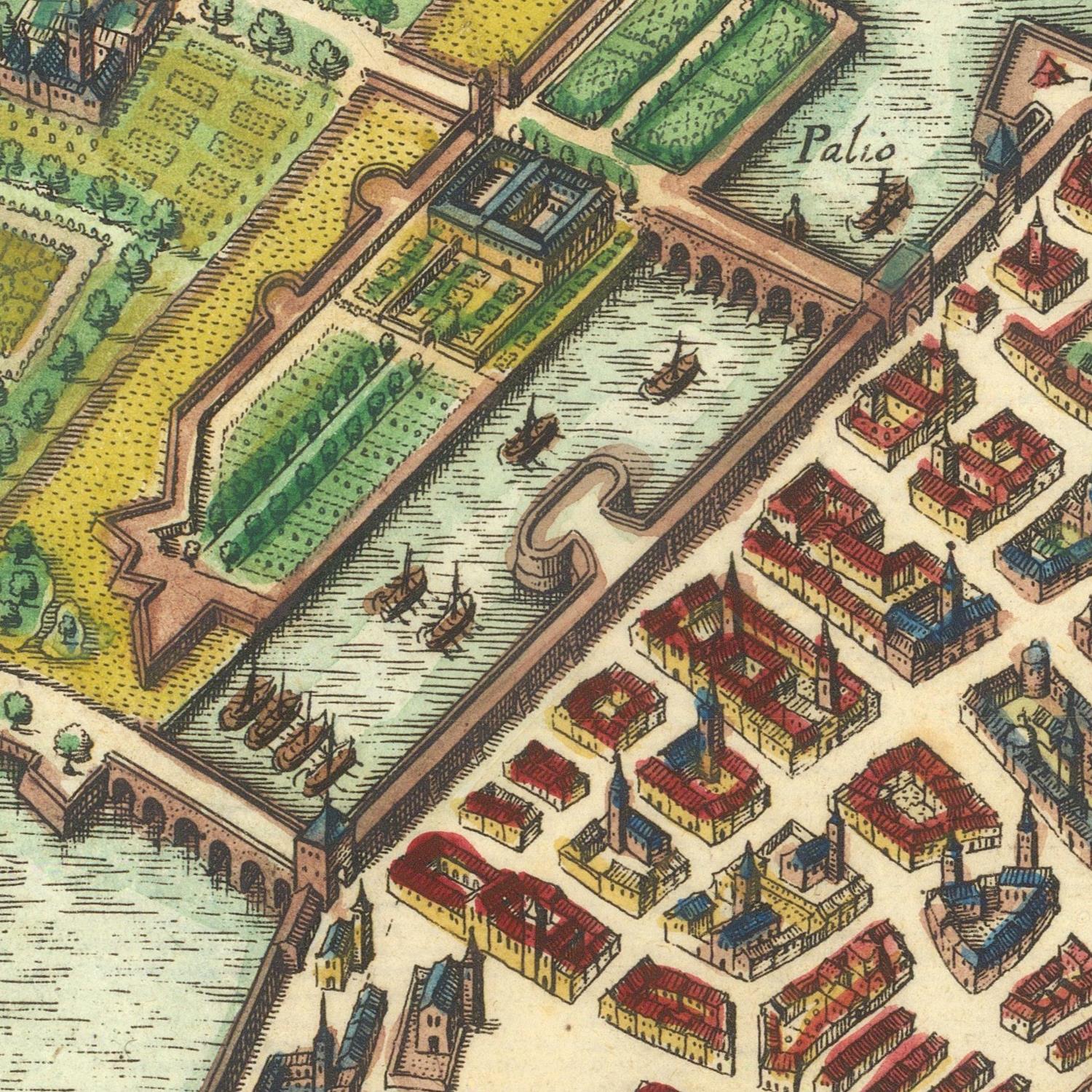 Vintage map of a city with buildings, gardens, and waterways