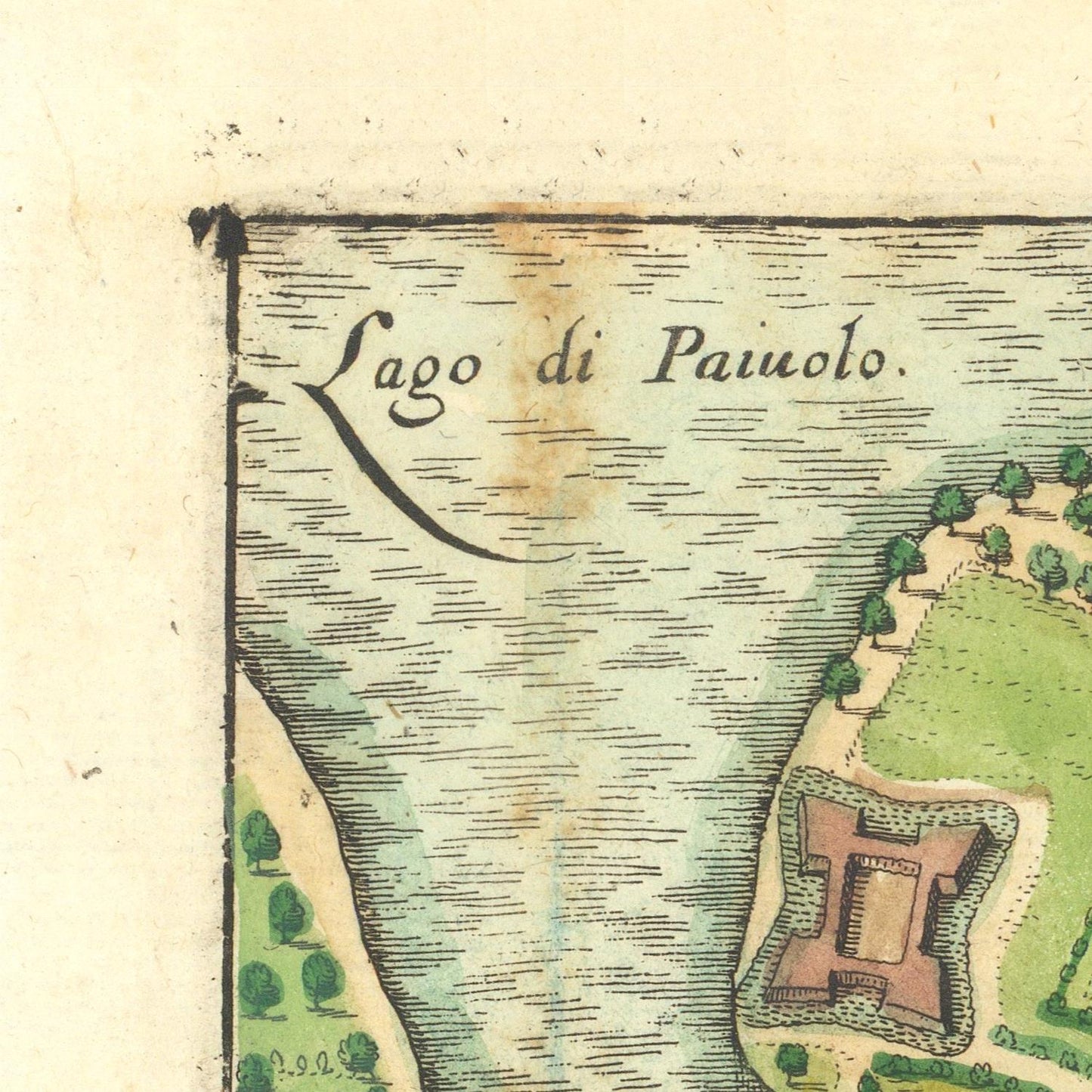 Vintage map detail of Lago di Paiuolo with a lake and surrounding area.