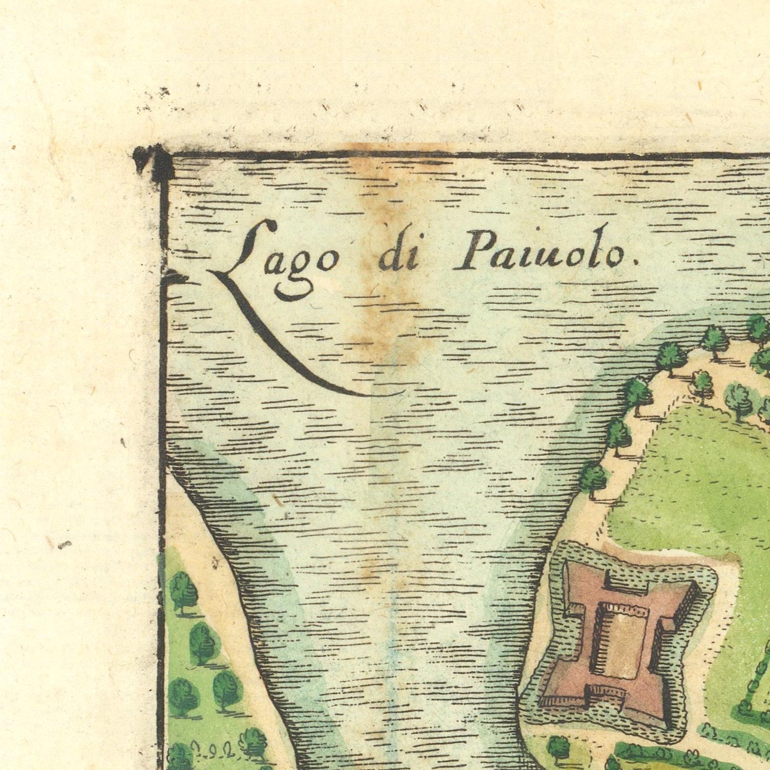 Vintage map detail of Lago di Paiuolo with a lake and surrounding area.