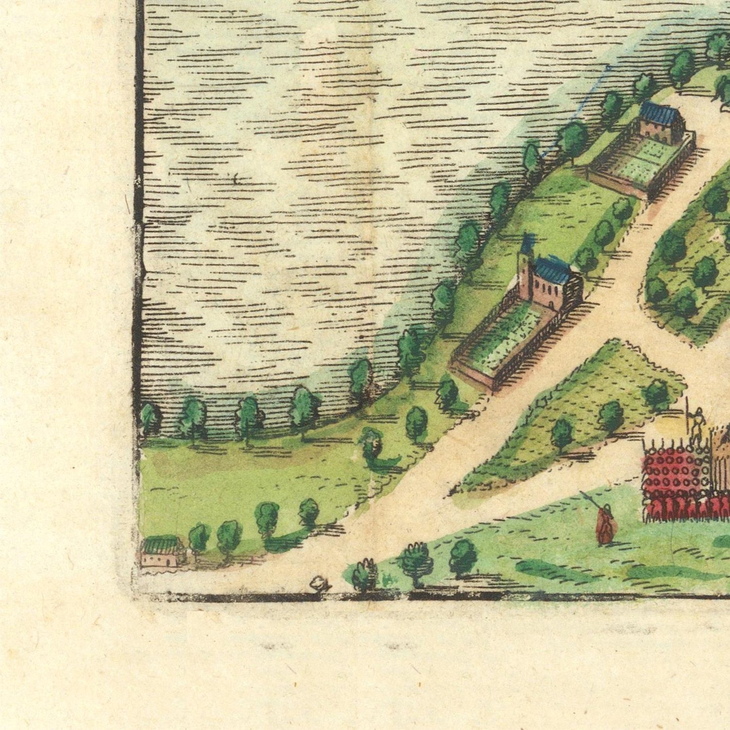 Vintage-style illustration of a landscape with buildings and trees on a beige background