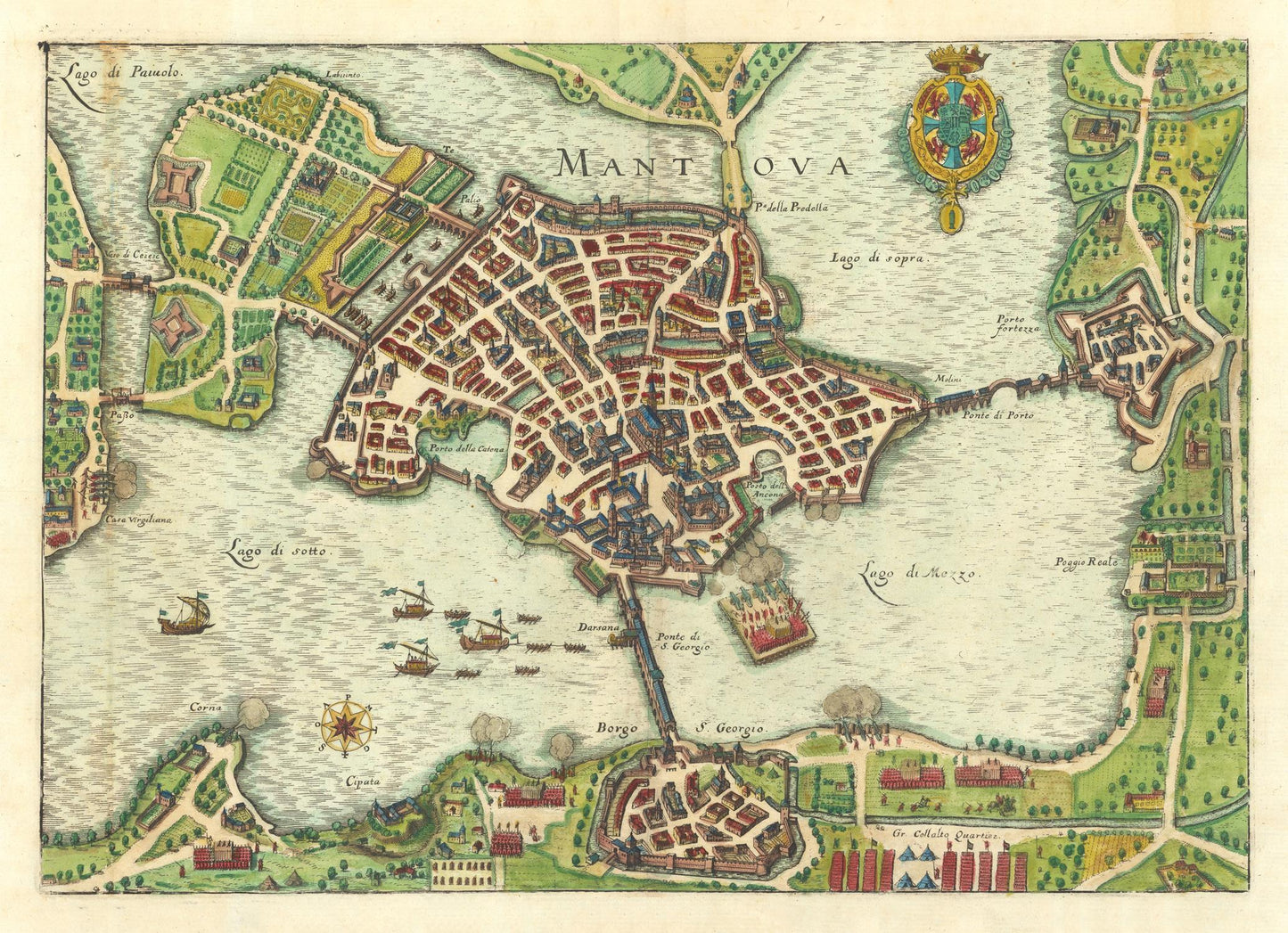 Vintage map of Mantua with rivers and buildings