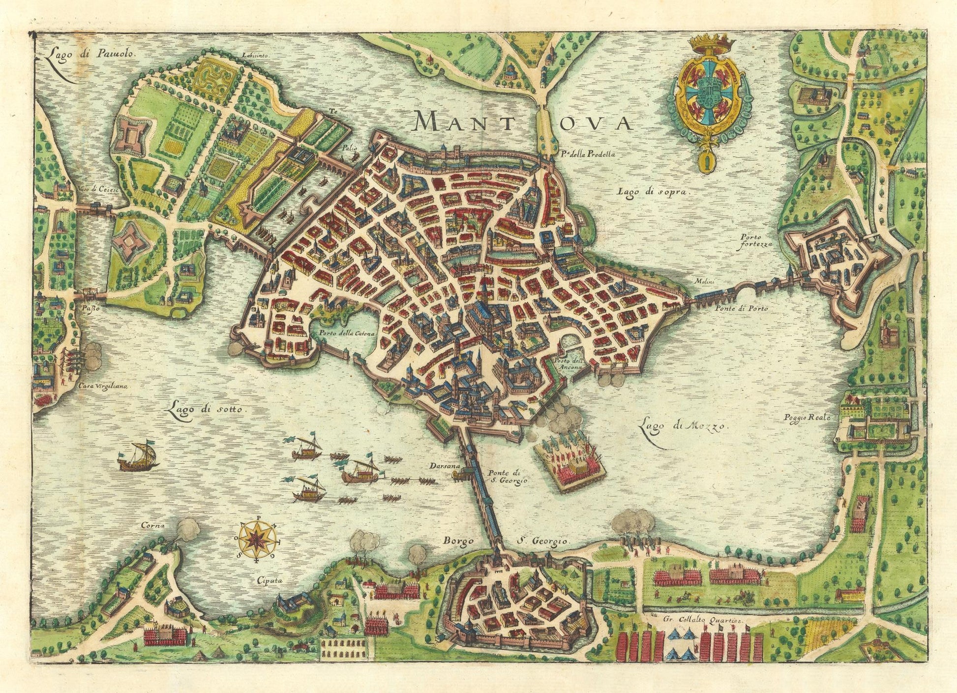 Vintage map of Mantua with rivers and buildings