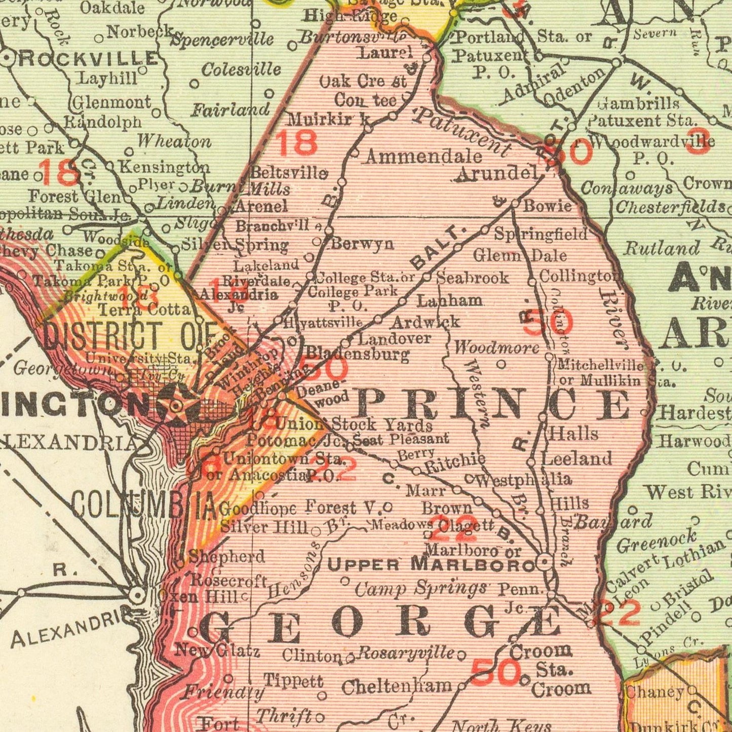 Vintage map of Prince George's County, Maryland with labeled towns and roads.