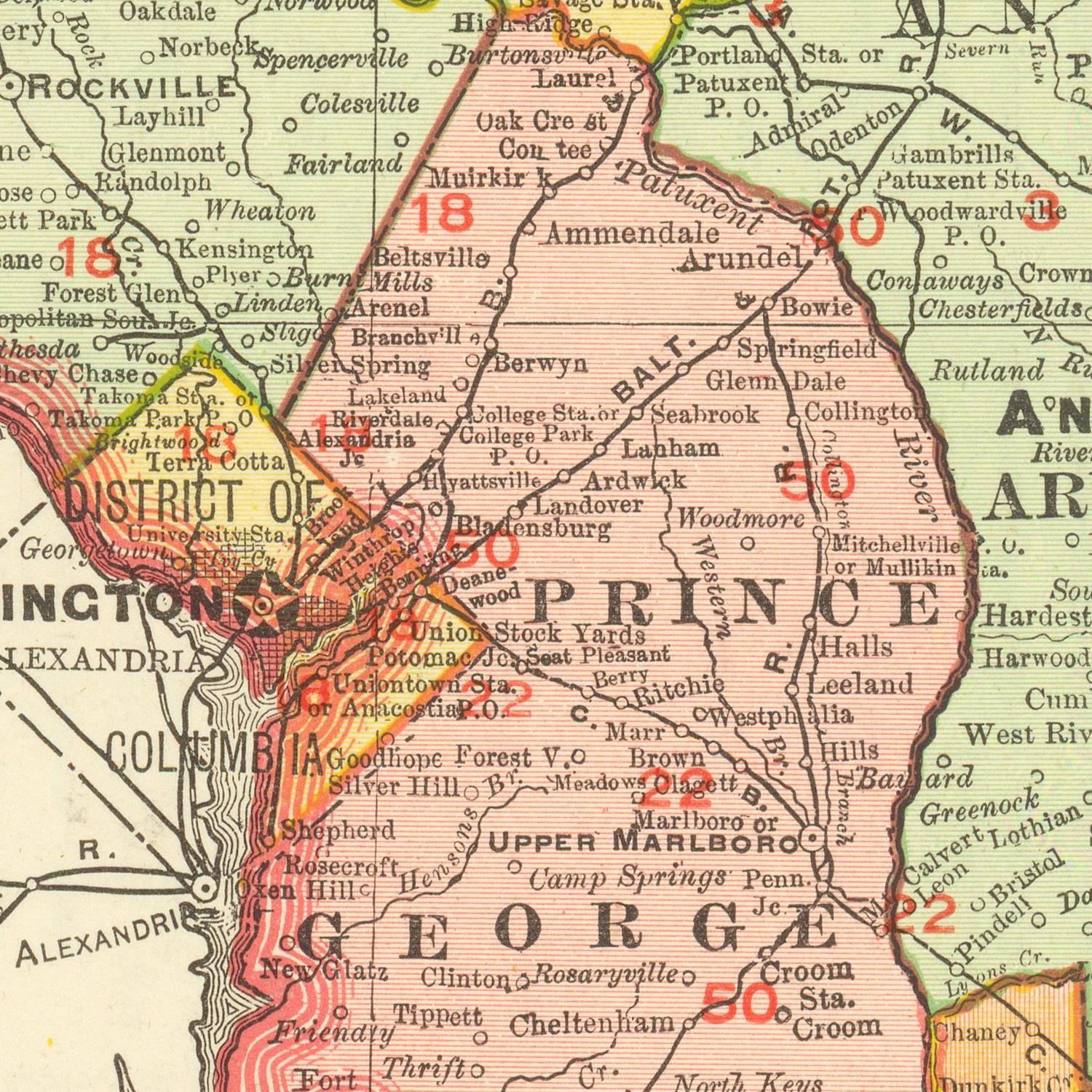 Vintage map of Prince George's County, Maryland with labeled towns and roads.