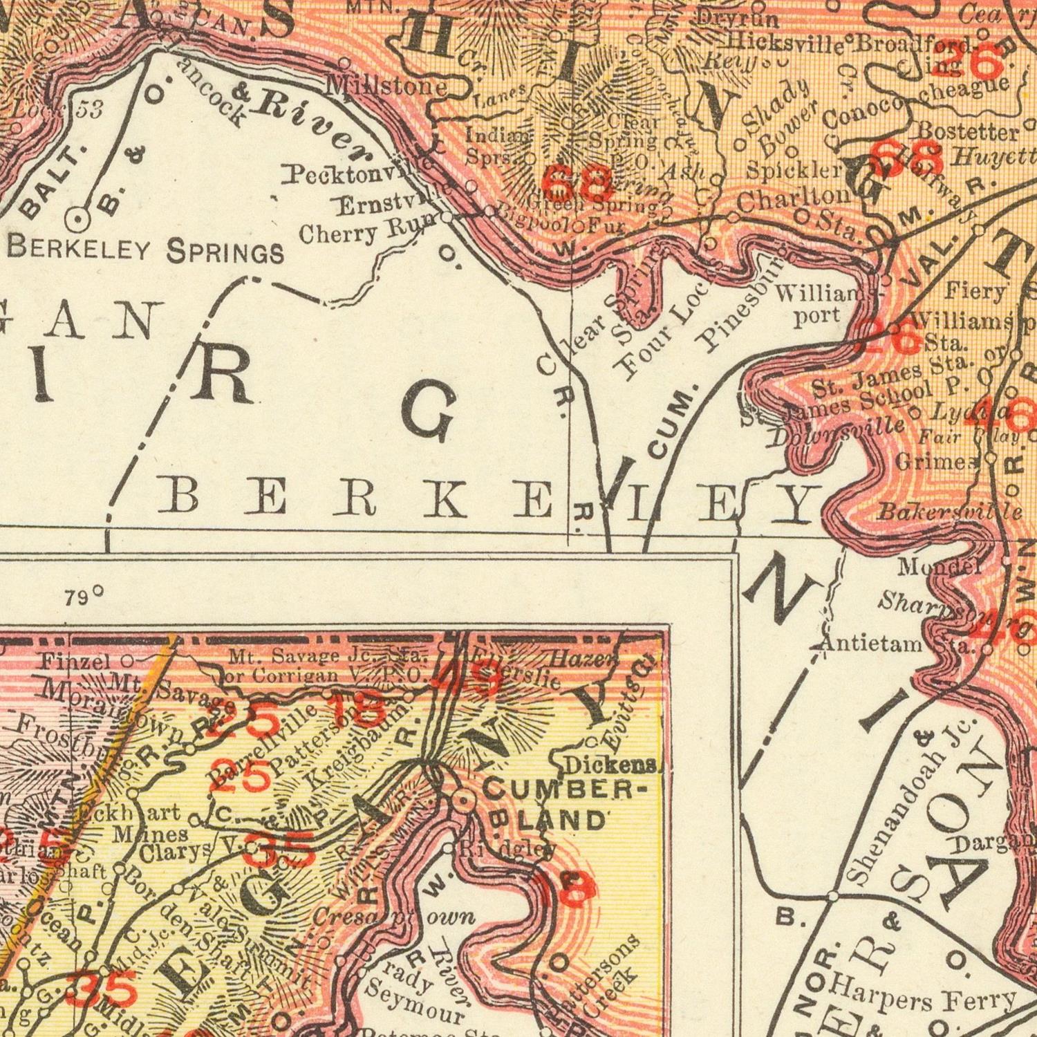 Vintage map of Berkeley Springs and surrounding areas with labeled numbers.