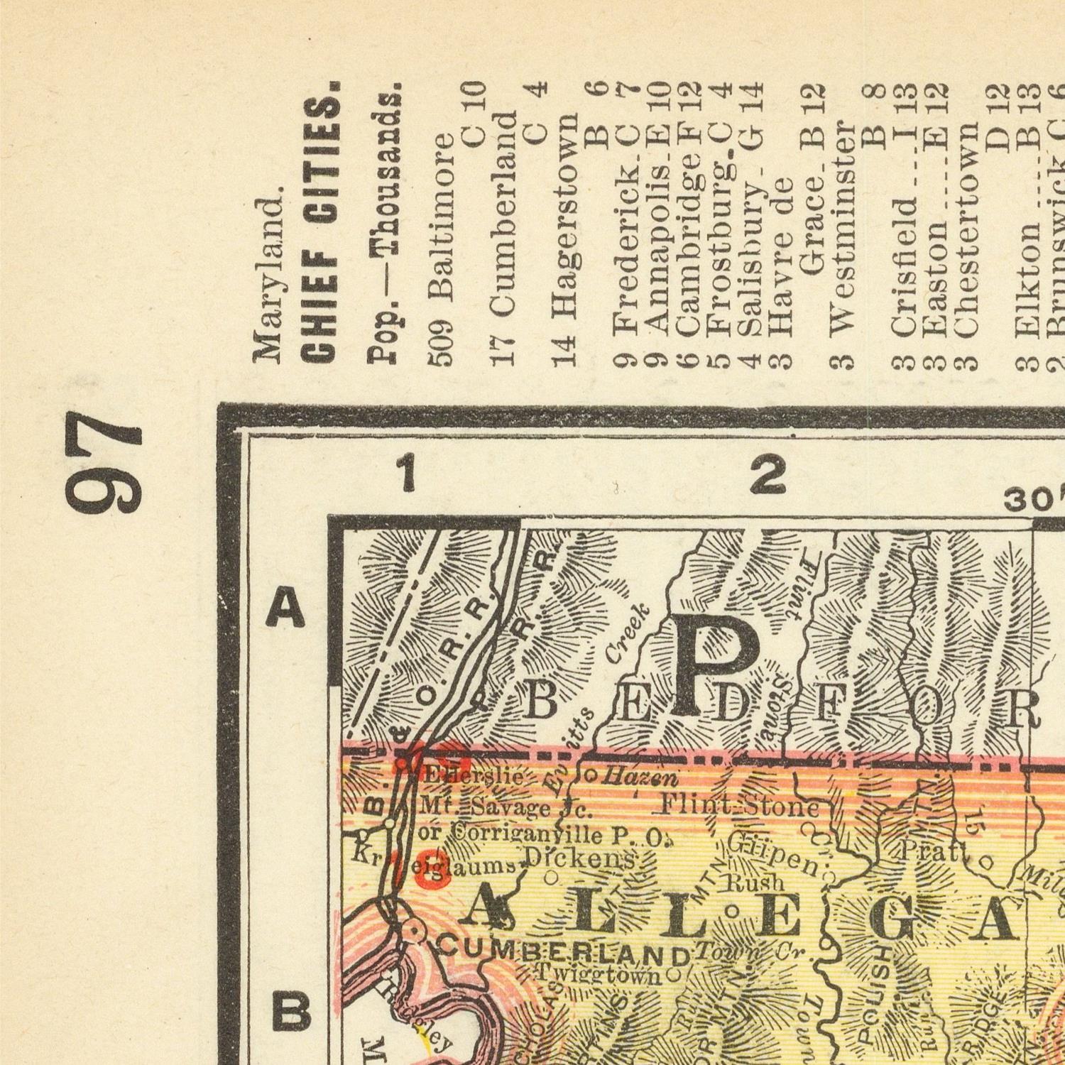 Vintage map of Maryland with cities and population details