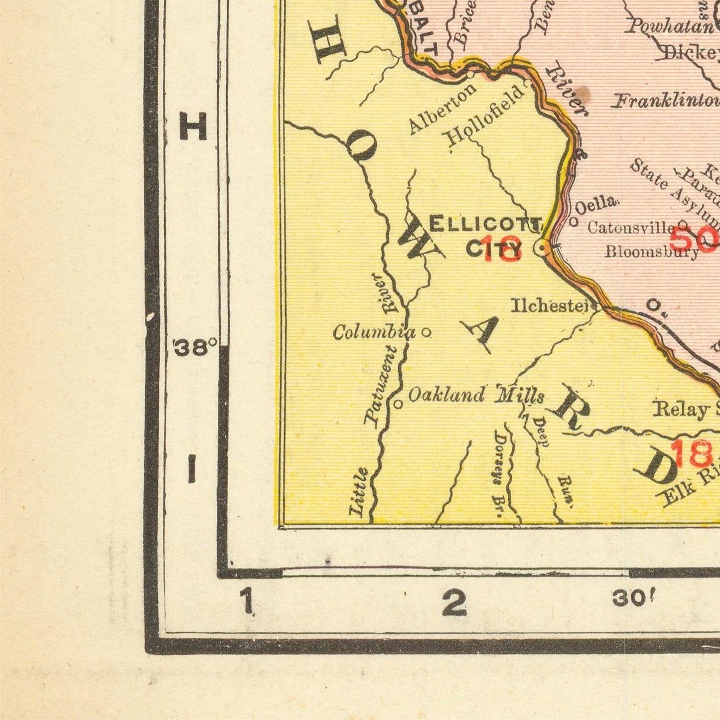 Vintage map section showing a portion of Howard County, Maryland with labeled places.