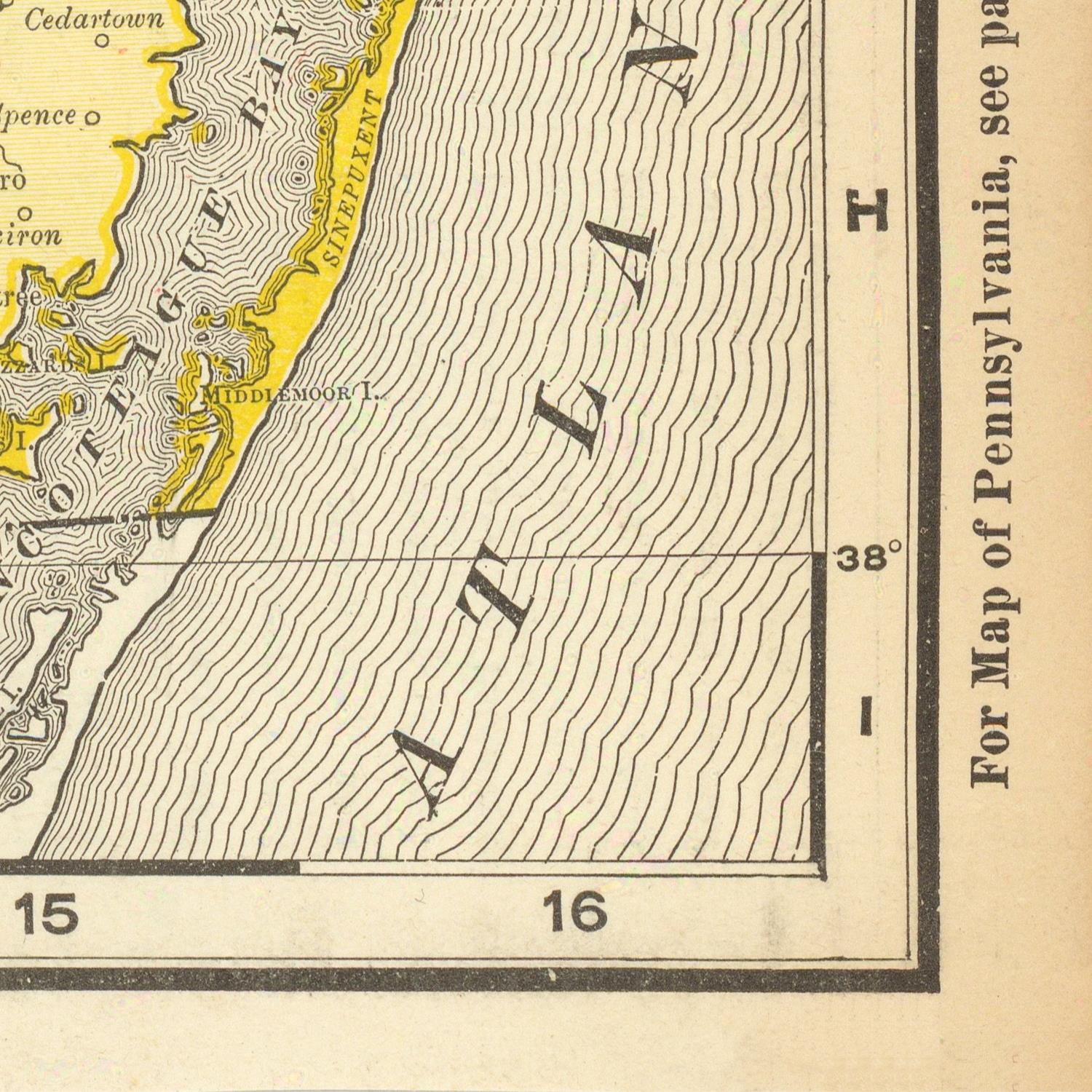 Vintage map section with topographic lines and text, featuring a yellow highlighted area.