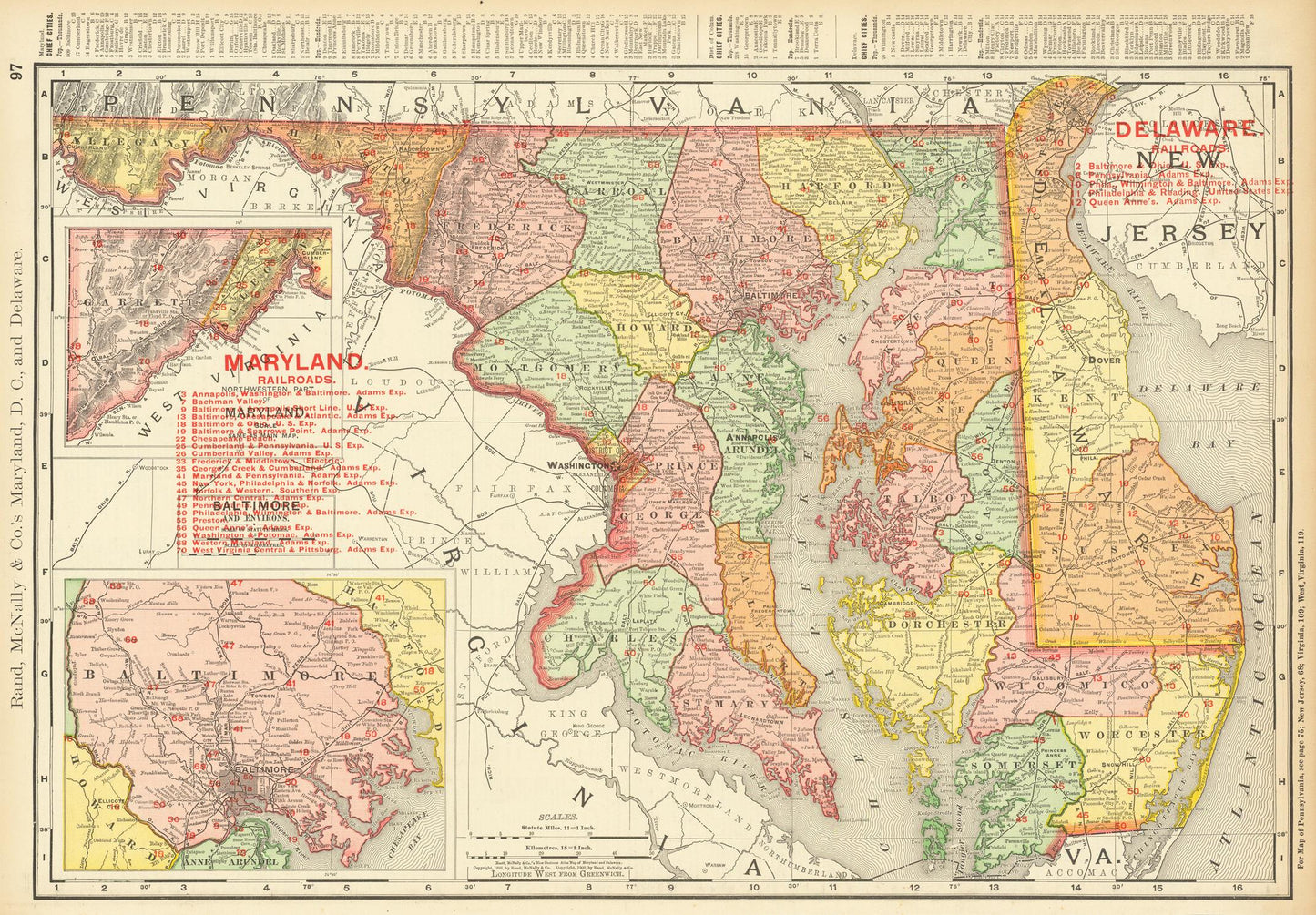 Vintage map of the Mid-Atlantic region with colored states
