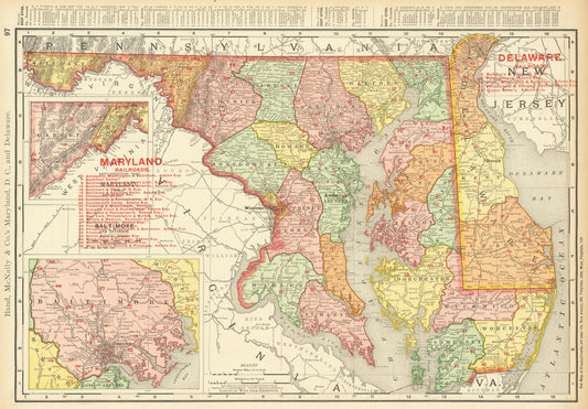 Vintage map of the Mid-Atlantic region with colored states