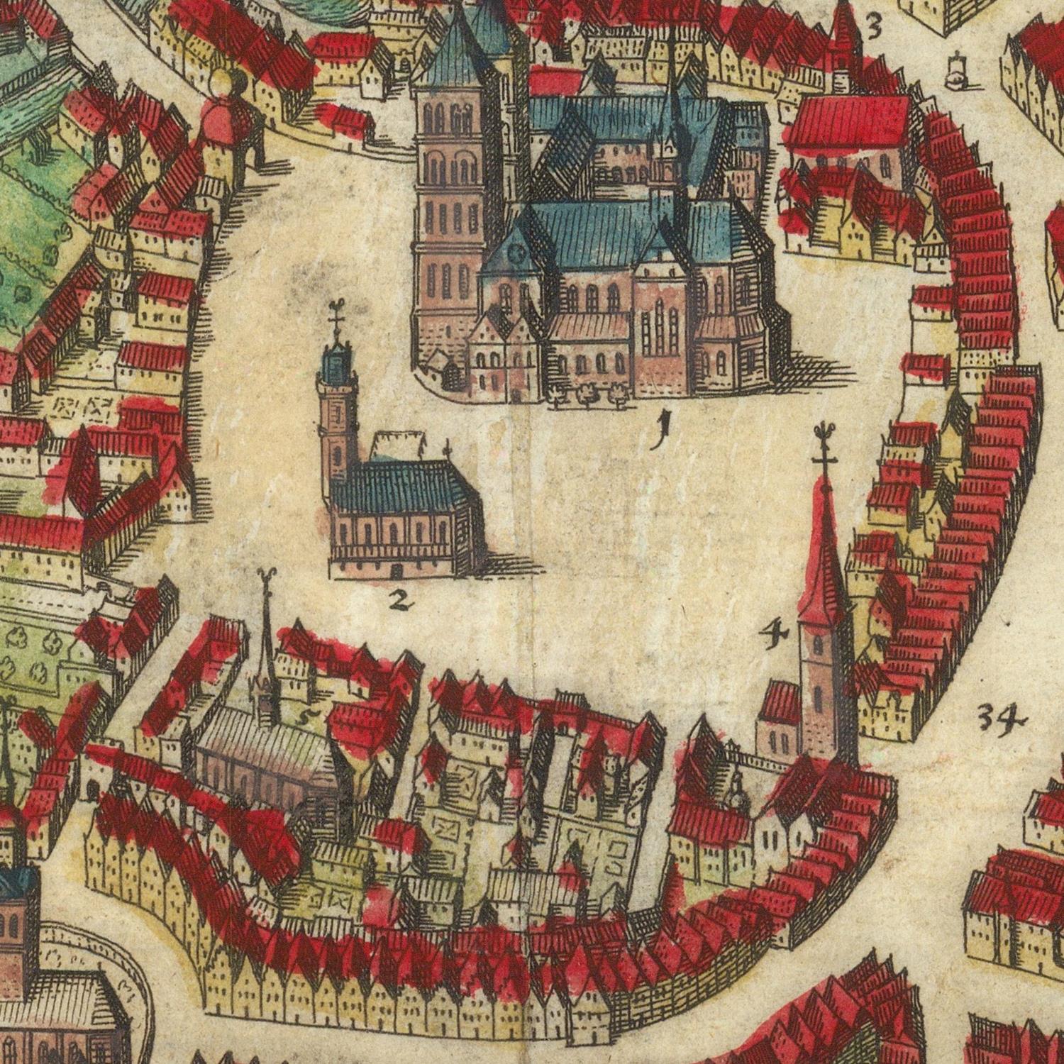 Vintage map of a town with red-roofed buildings and a central church.