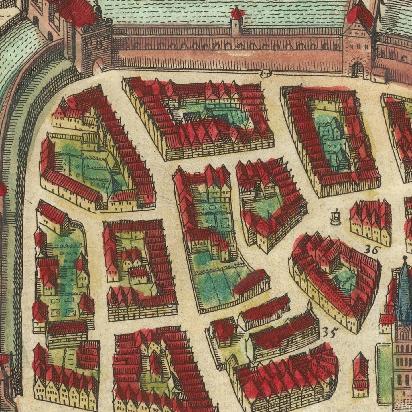 Vintage map of a town with red rooftops and green buildings