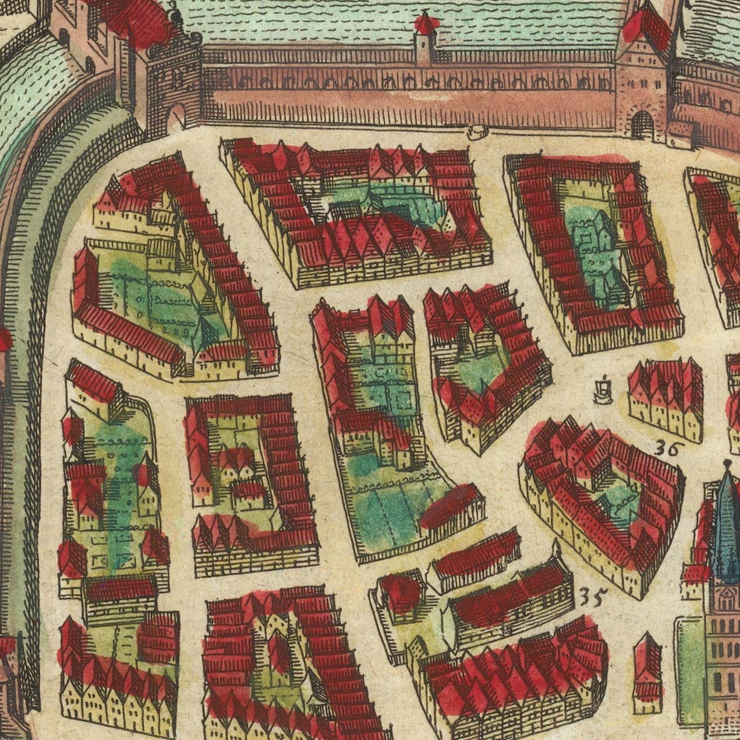 Vintage map of a town with red rooftops and green buildings
