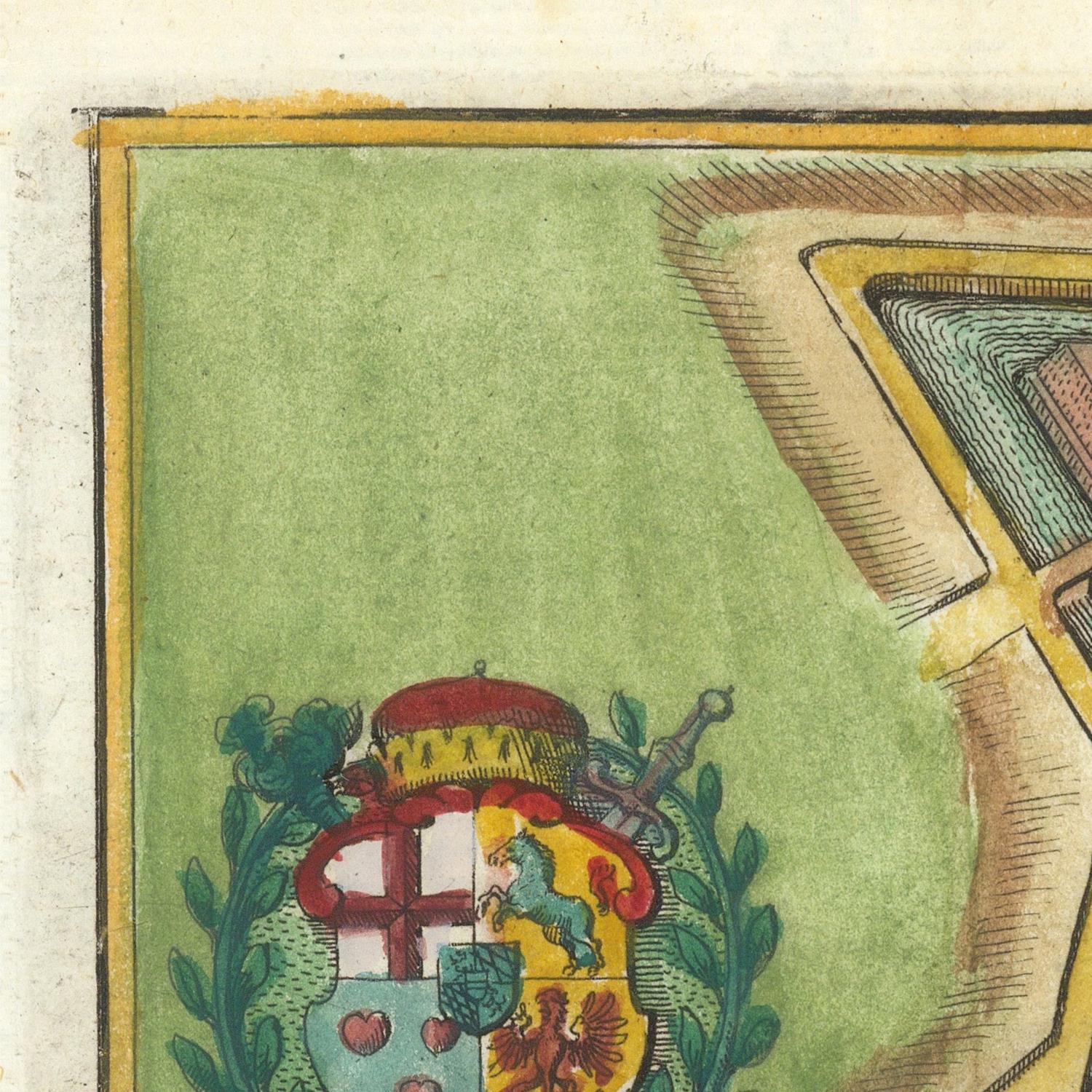 Coat of arms with a lion and shield on a green background