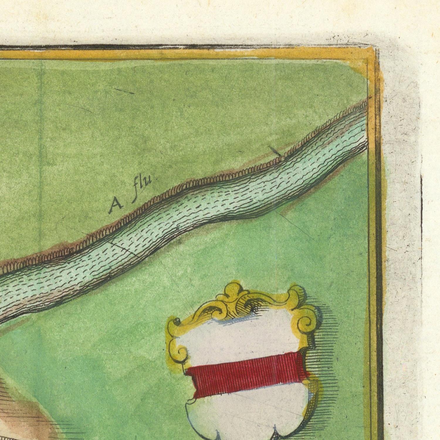 Vintage map with a coat of arms and a river labeled 'A Flu'.