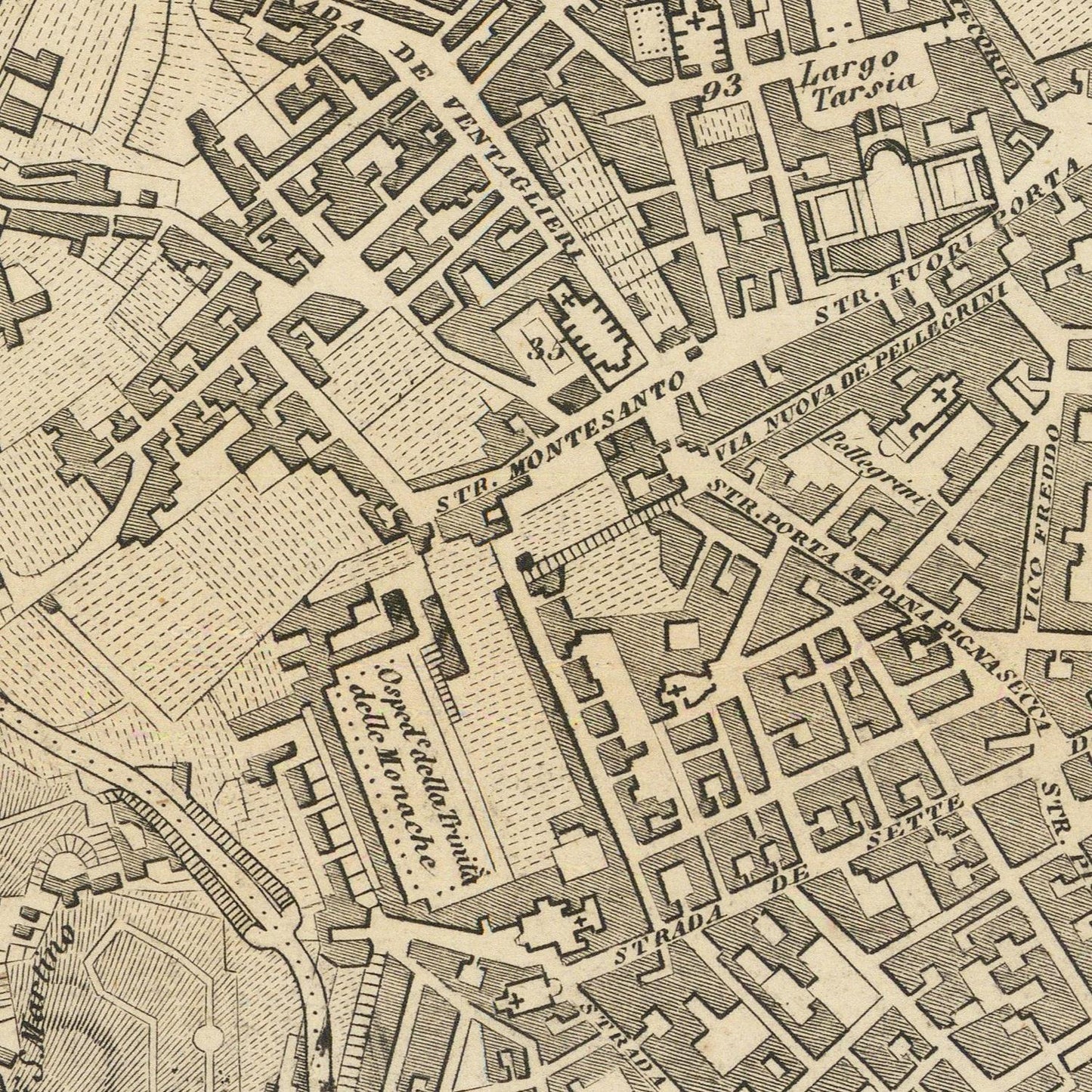 Vintage map of a city layout with streets and buildings