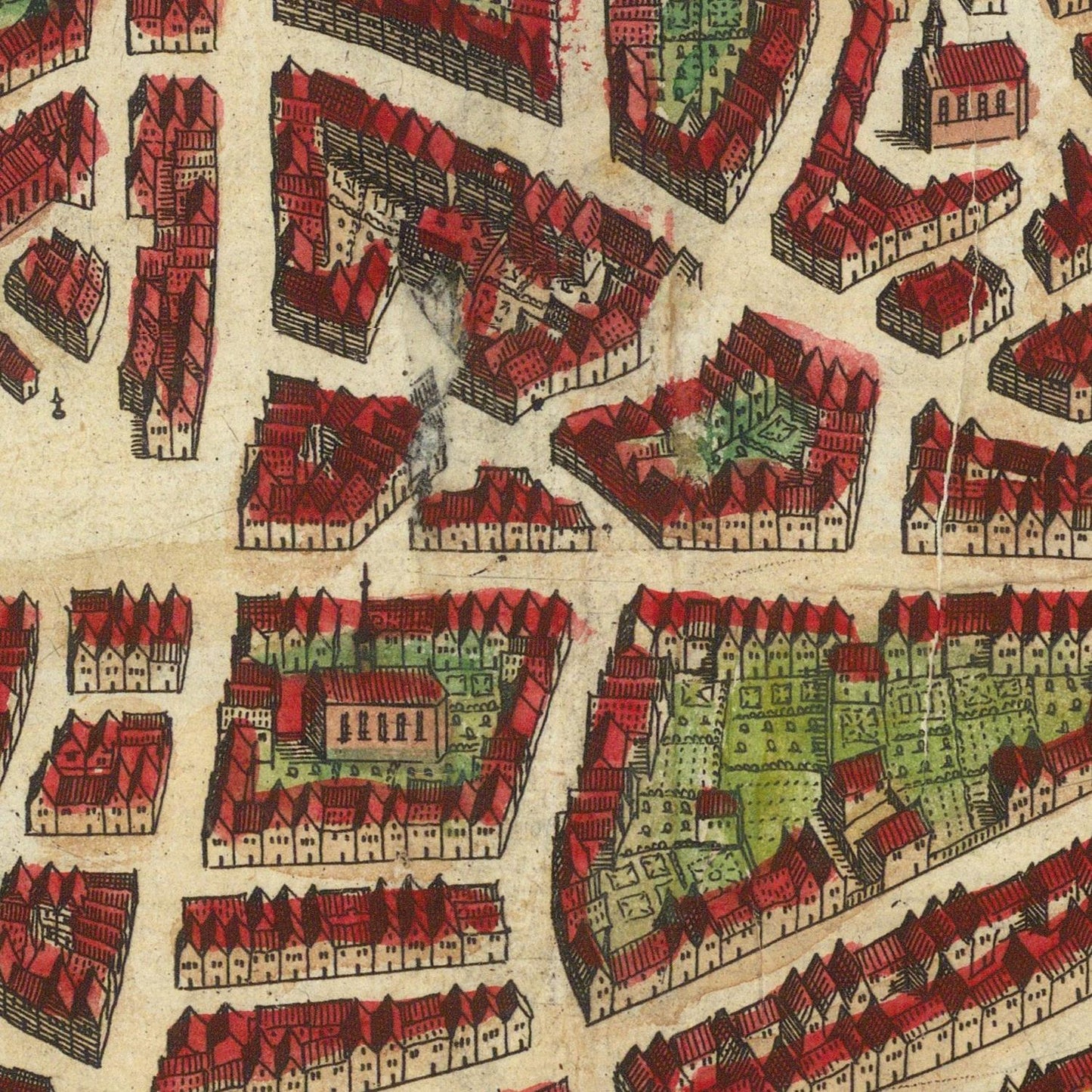 Vintage map of a city with red rooftops and green spaces
