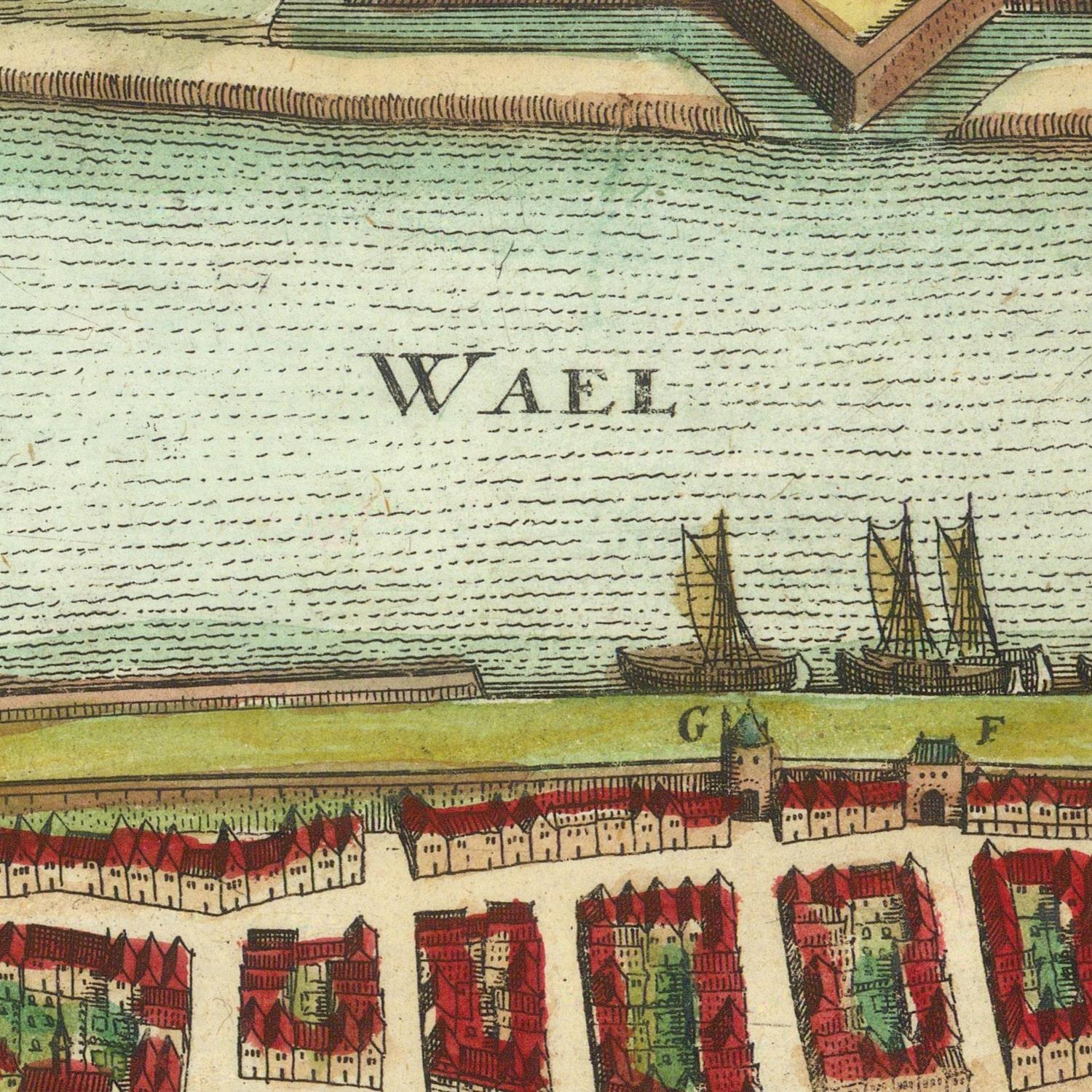 Vintage map detail showing a waterfront with buildings and ships labeled 'Wael'.