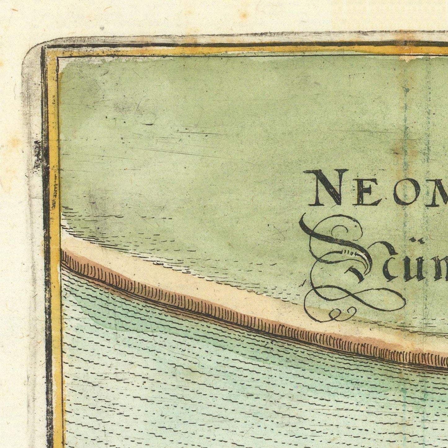 Close-up of a vintage document with text and decorative elements on a green background
