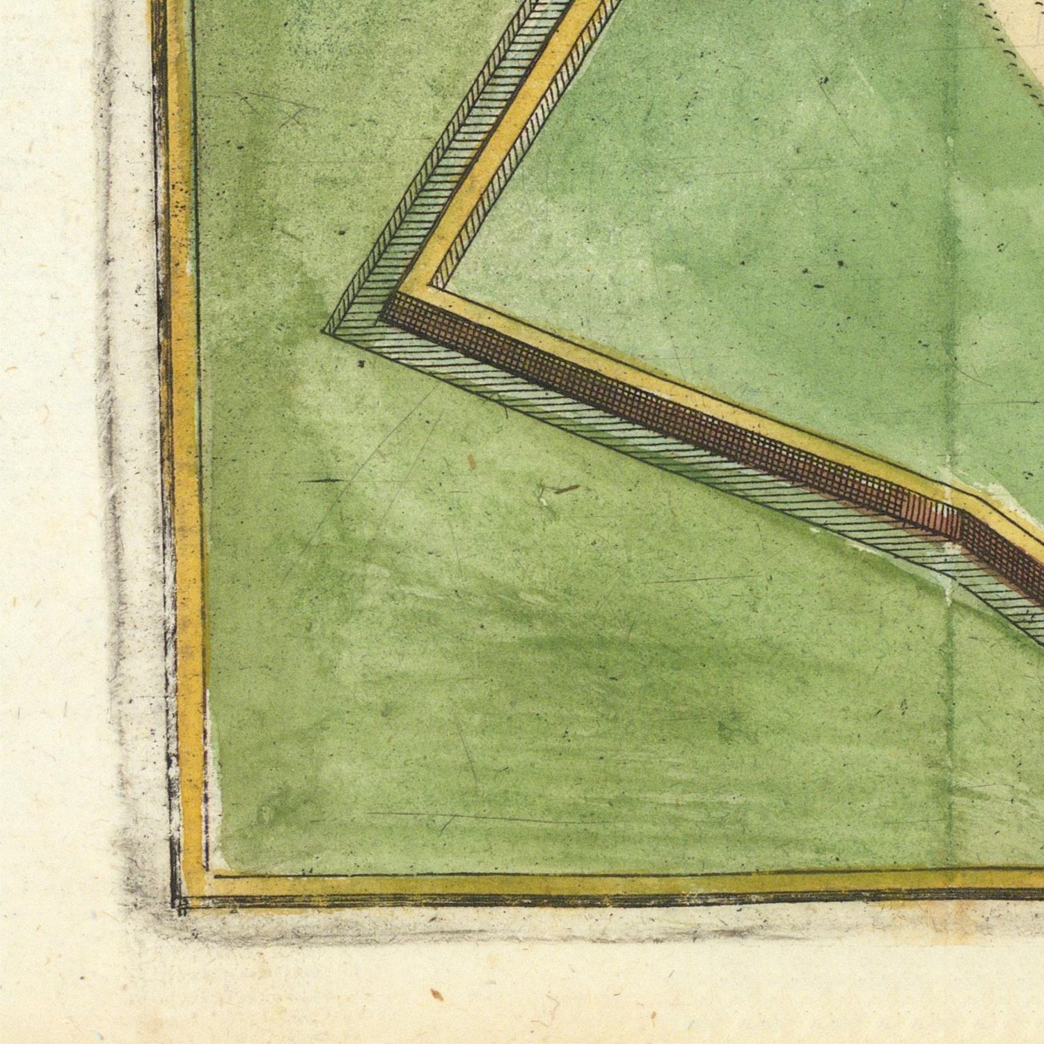 Geometric design with green field, yellow border, and brown path on a textured surface.