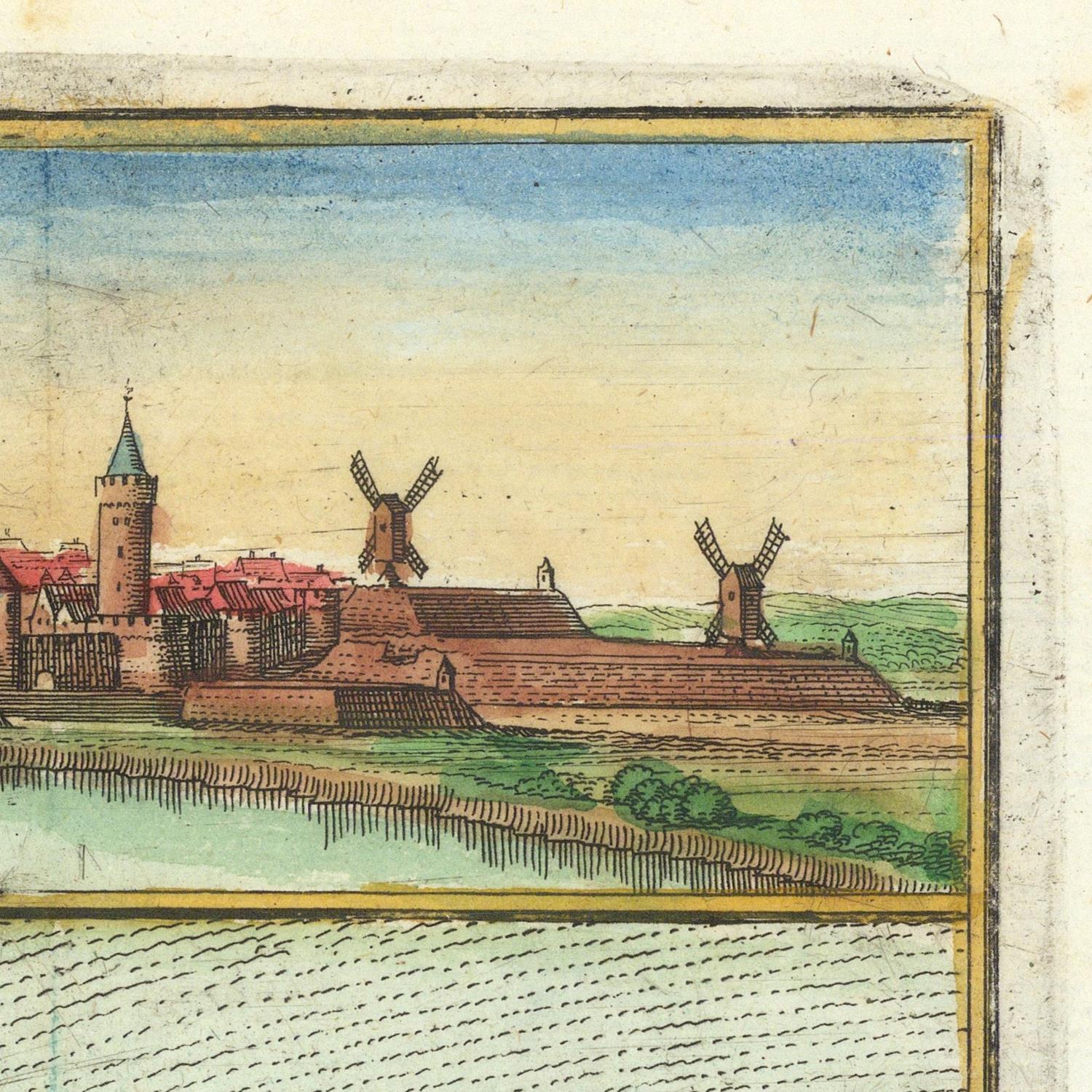 Vintage illustration of a town with buildings and windmills.