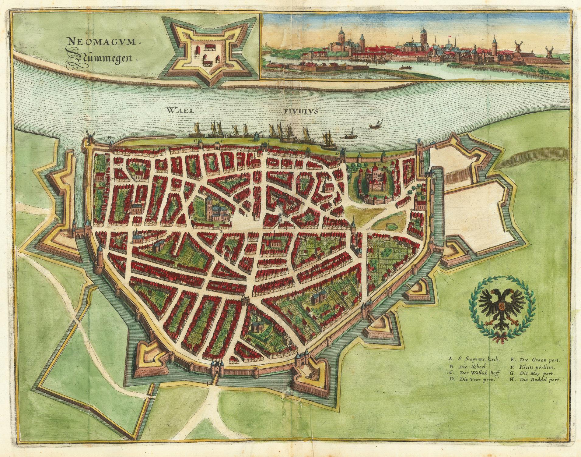Vintage map of a city layout with fortifications and surrounding area