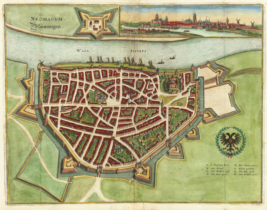 Vintage map of a city layout with fortifications and surrounding area