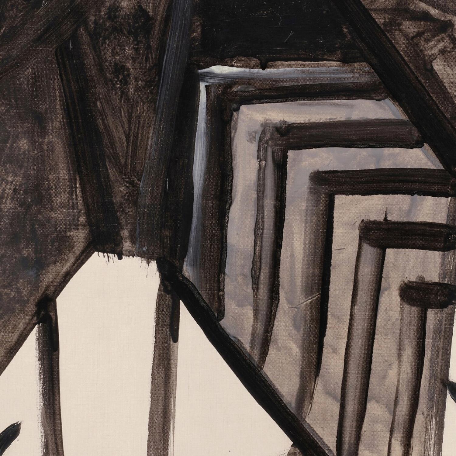 Abstract art with brown and black brush strokes on a beige background
